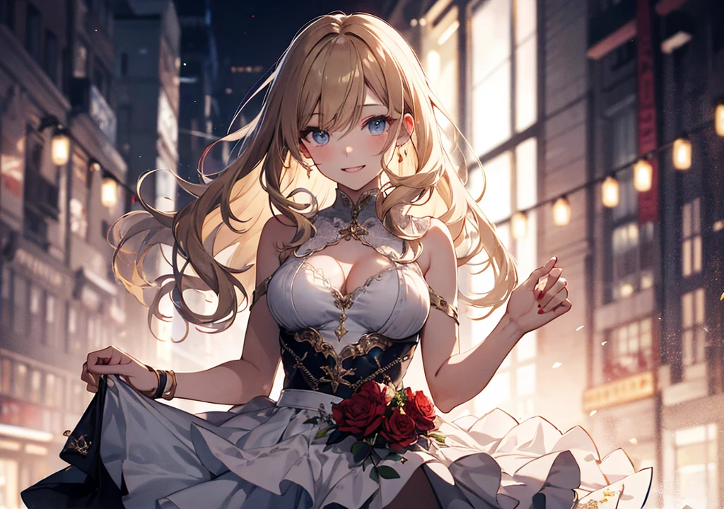 Realistic photos, Focus distance 10mm, Red and white, A big smile, Curly blonde hair, Beautiful girl, Realistic photos, Focus distance 10mmで撮影, masterpiece, 最high quality, high quality, Very detailed CG 8k wallpaper unit, Award-winning photography, Bokeh, Depth of written boundary, High resolution, bloom, chromatic aberration, Realistic, Very detailed, Art Station Trends, CGsociety Trends, Complex, High detail, dramatic, Art on the go, volumetric lighting, At the evening party、Wearing a gorgeous dress、Beautiful girl dancing gracefully。In her eyes、There seems to be some kind of plot going on