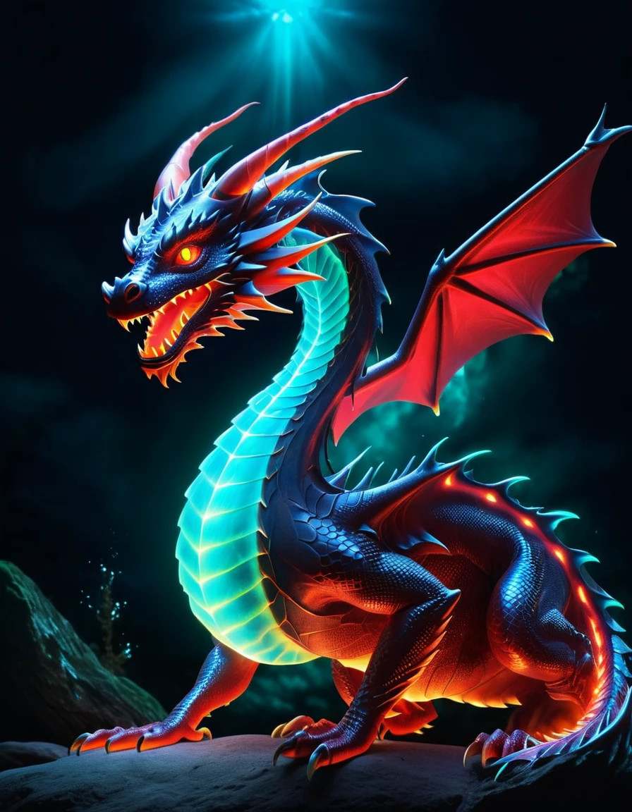 Glowing red fire dragon with bioluminescence