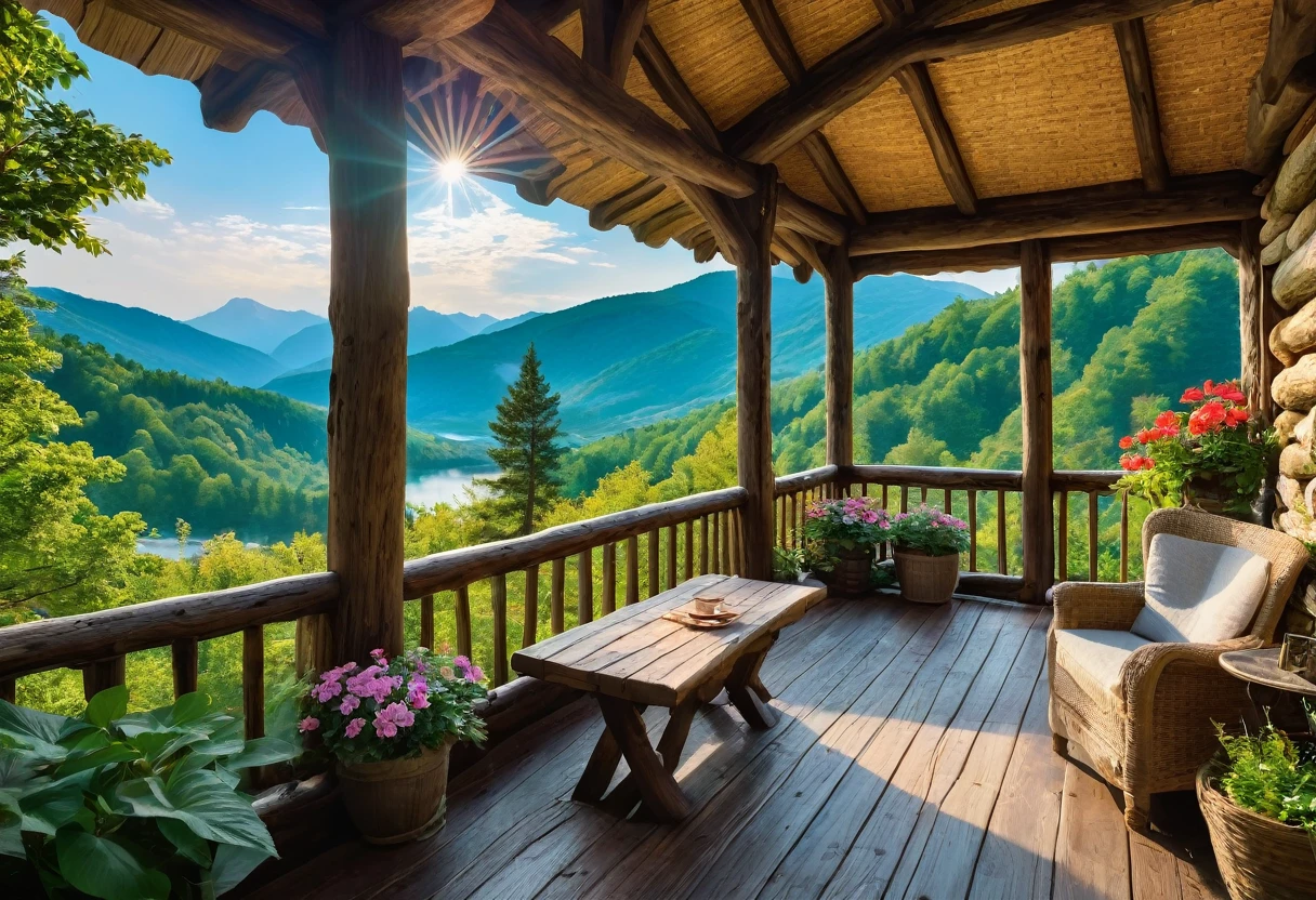 (best quality,4K,8K,high resolution,masterpiece:1.2),Extremely detailed,(Practical,photoPractical,photo-Practical:1.37),Mountain hut,Cozy cottage,Wooden house surrounded by mountains,Tranquil atmosphere,Great attention to detail,Peaceful environment,Panoramic view of mountains and forests,Secluded place,Large Windows,Magnificent views,Elegant and rustic design,Chimney smoke,Warm and welcoming atmosphere,Crackling Fireplace,Comfortable furniture,Soft and warm lighting,Serene colors,Natural materials,Wood paneling,Beautifully landscaped gardens,There are colorful flowers and plants,Clear blue sky,fresh air,breeze,Rustling Leaves,Peace and tranquility,Hiking trails,Nature Exploration,adventure,The Hermitage,Escape from busy city life,Perfect place to relax and meditate.
