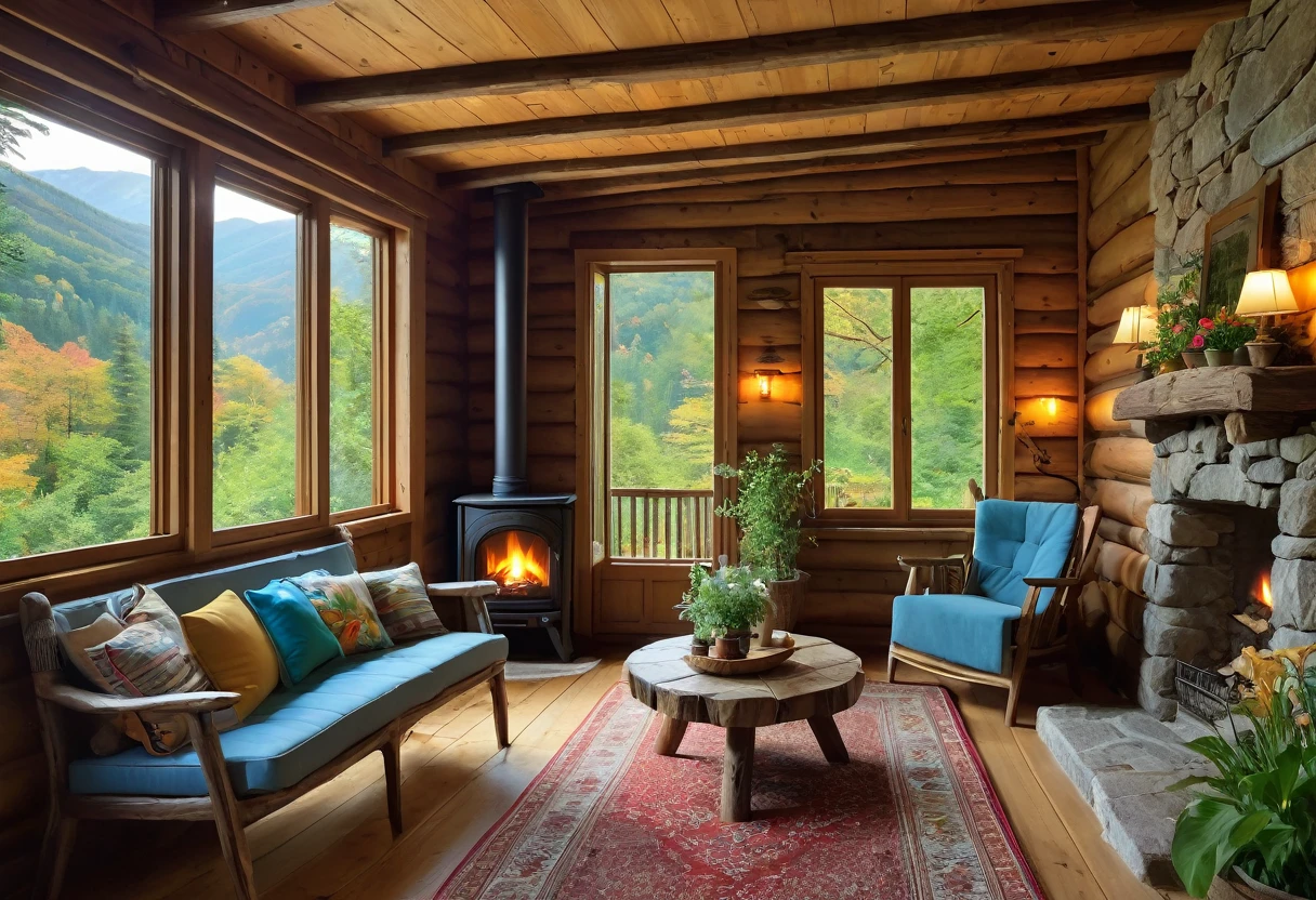 (best quality,4K,8K,high resolution,masterpiece:1.2),Extremely detailed,(Practical,photoPractical,photo-Practical:1.37),Mountain hut,Cozy cottage,Wooden house surrounded by mountains,Tranquil atmosphere,Great attention to detail,Peaceful environment,Panoramic view of mountains and forests,Secluded place,Large Windows，Magnificent views,Elegant and rustic design,Chimney smoke,Warm and welcoming atmosphere,Crackling Fireplace,Comfortable furniture,Soft and warm lighting,Serene colors,Natural materials,Wood paneling,Beautifully landscaped gardens，There are colorful flowers and plants,Clear blue sky,fresh air,breeze,Rustling Leaves,Peace and tranquility,Hiking trails,Nature Exploration,adventure,The Hermitage,Escape from busy city life,Perfect place to relax and meditate.