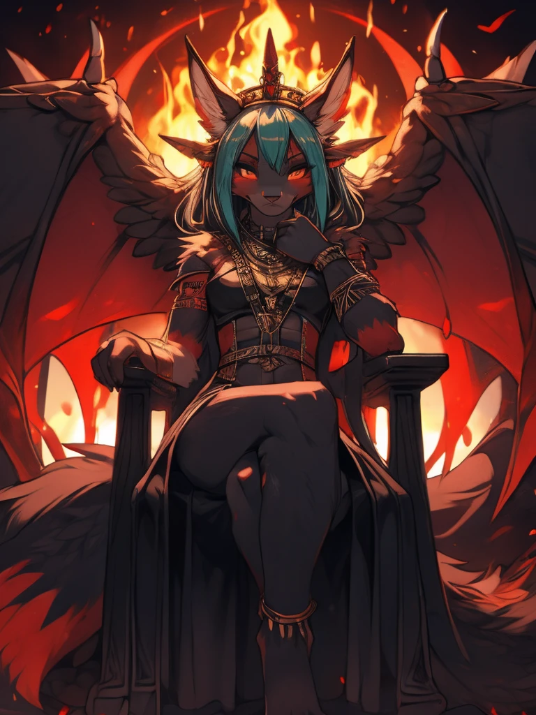 Miku Hatsune, add high definition_detail:1, blue fur,kitsune ears, tribal tattoo add_detail:1, in hell add_detail, barefoot, the same, giant black feather wings add_detail:1 ,alas hermosas la mejor calidad y detail en las flumas, red saturation light, evil empress, sitting on a throne of skulls add_detail:1