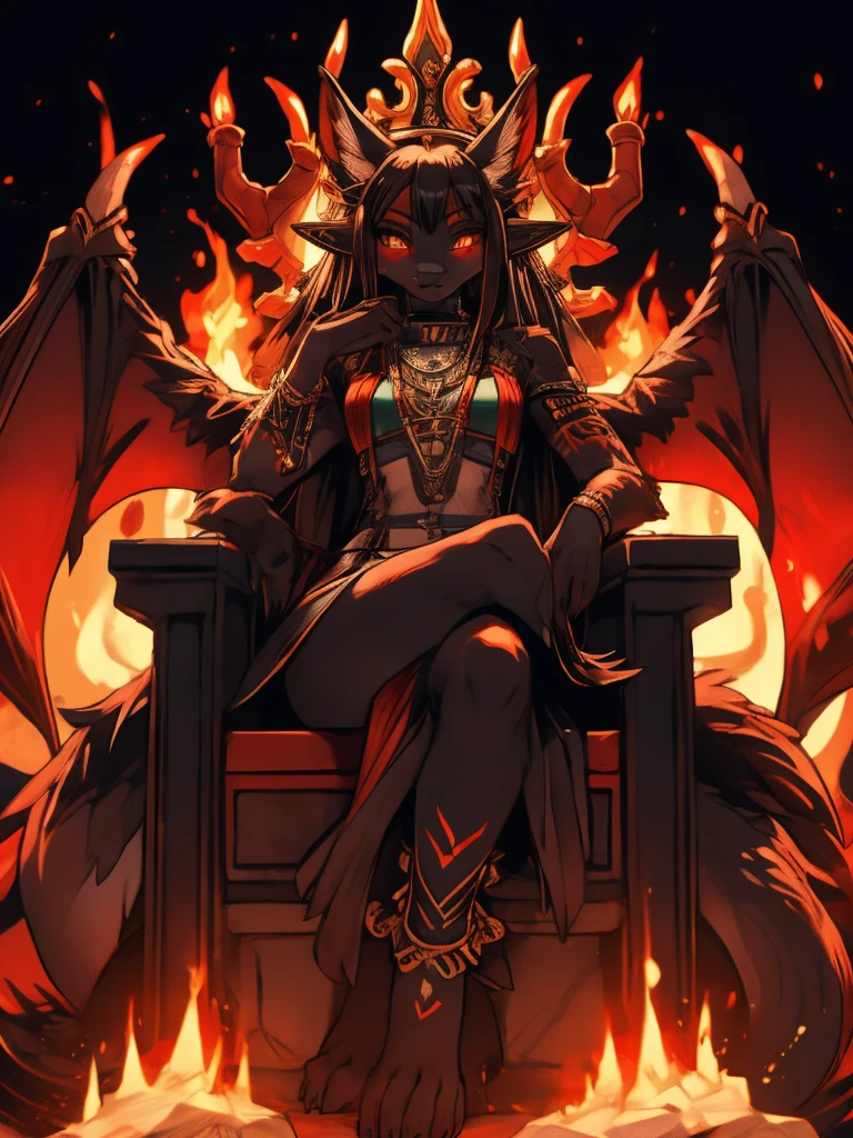 Miku Hatsune, add high definition_detail:1, blue fur,kitsune ears, tribal tattoo add_detail:1, in hell add_detail, barefoot, the same, giant black feather wings add_detail:1 ,alas hermosas la mejor calidad y detail en las flumas, red saturation light, evil empress, sitting on a throne of skulls add_detail:1