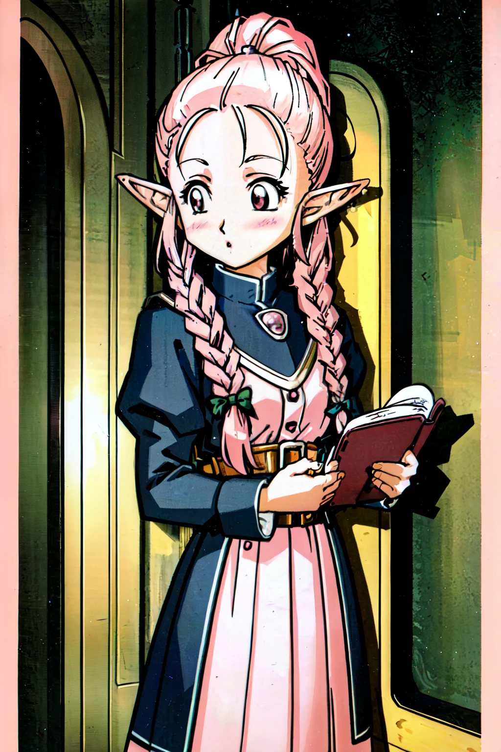 (extremely detailed CG unity 4k wallpaper),(masterpiece),(ultra quality),(ultra-detailed),(best illustration),(best shadow),(absurdres),(detailed background), 1girl, mature lady, holding notepad, solo, hair in a loose braid, white hair, red eyes, elf ears, long sleeves, holding staff, ponytail, holding, (pink skin:1.3), looking at viewer, purple lips, medium length hair