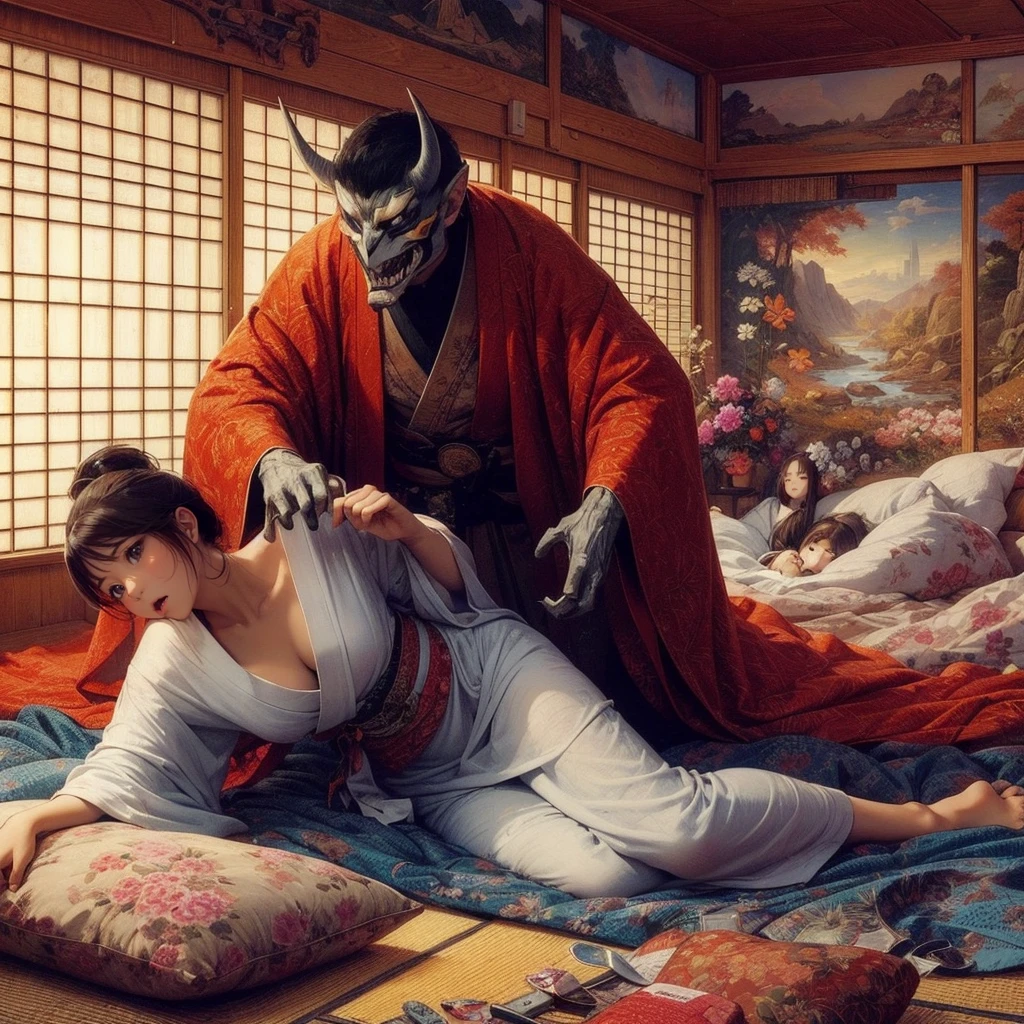 Land of Rakshasa、Japan、An evil magistrate attacks a woman in his mansion.、On the futon、bedding、(A thin, pale-skinned young woman), The merciless demons、Hell on Earth、Dark Clouds、A cruel world where people are no longer people, Unusual painting style、Oblique composition、Bird's-eye view、(A demon attacks a fleeing woman、Woman of fear and anxiety)、Masterpiece Best Quality、Photorealistic portrait photography, Photorealistic shiny skin, Japanのホラー