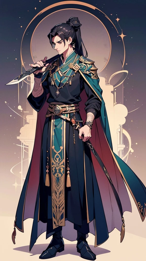 

**Name:** [Main Character's Name]

**Appearance:**
- **Age:** Mid to late twenties
- **Height:** Approximately 6 feet (183 cm)
- **Build:** Athletic and well-toned, with broad shoulders and a slender waist
- **Skin Tone:** Fair with a healthy glow
- **Facial Features:** Sharp and well-defined with a strong jawline; high cheekbones
- **Eyes:** Deep, piercing eyes that are dark brown, almost black, with a cold and calculating gaze
- **Hair:** Long, jet-black hair that reaches his shoulders, often tied back in a neat ponytail or bun, with a few loose strands framing his face

**Attire:**
- **Top:** He wears a traditional Chinese robe, dark in color (deep blue or black), made of high-quality silk with intricate silver embroidery along the edges and sleeves
- **Pants:** Matching trousers that are loose and comfortable, also made of the same high-quality silk
- **Footwear:** Black leather boots, polished and well-fitted, reaching up to mid-calf
- **Accessories:** 
  - A wide belt with a silver buckle, adorned with jade stones
  - A long, flowing cape that matches the color of his robe, often draped over his shoulders
  - An ornate hairpin or headpiece made of silver and jade, used to keep his hair in place
  - A pair of fingerless gloves made of soft leather, providing grip and protection without hindering movement

**Weapon:**
- **Sword:** He carries a long, elegant sword with a polished blade and an ornate hilt made of silver and jade, often seen hanging from his belt on the left side

**Demeanor:**
- He exudes an aura of confidence and authority, moving with grace and precision
- His expression is often serious and contemplative, with a hint of arrogance
- Despite his cold exterior, there is a sense of underlying complexity and depth in his eyes