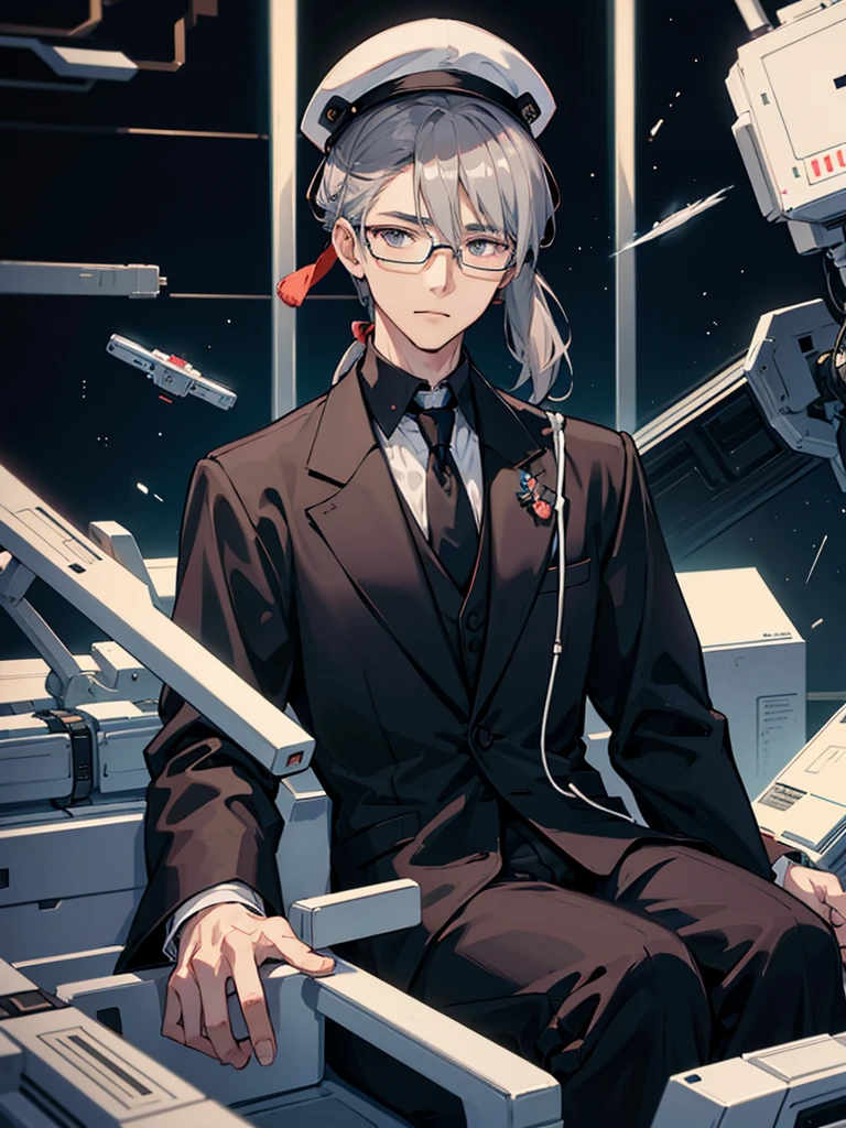(Mastepiece)(High definition)Japanese male android in his 20s、Gray Hair、ponytail、hat、Tuxedo、tie、Wearing round rimless glasses、Sitting、It is connected to the machine by multiple cables.(charging)、background(A science fiction-like electronic world、A space that feels like the inside of a machine、Virtual space、Near future)