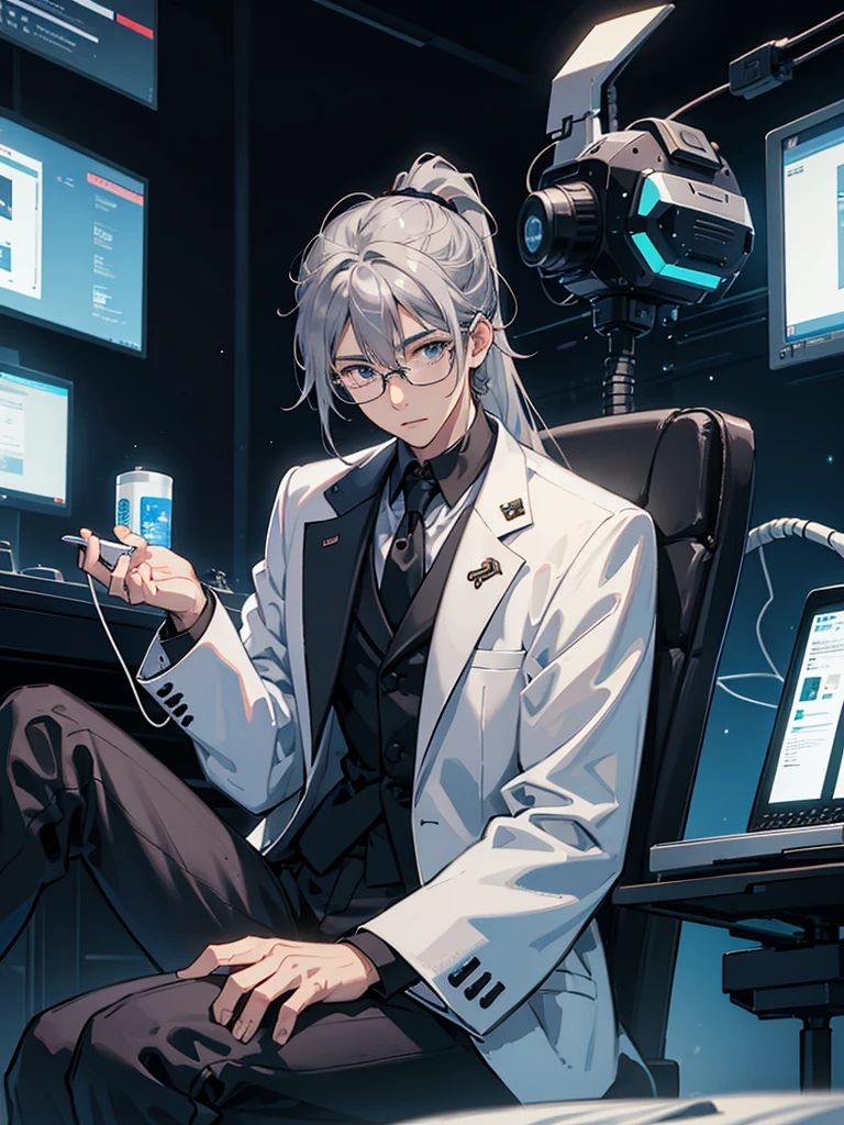 （Mastepiece）（High definition）Japanese male android in his 20s、Gray Hair、ponytail、hat、Tuxedo、tie、Wearing round rimless glasses、Sitting、It is connected to the machine by multiple cables.（charging）、background（A science fiction-like electronic world、A space that feels like the inside of a machine、Virtual space、Near future）