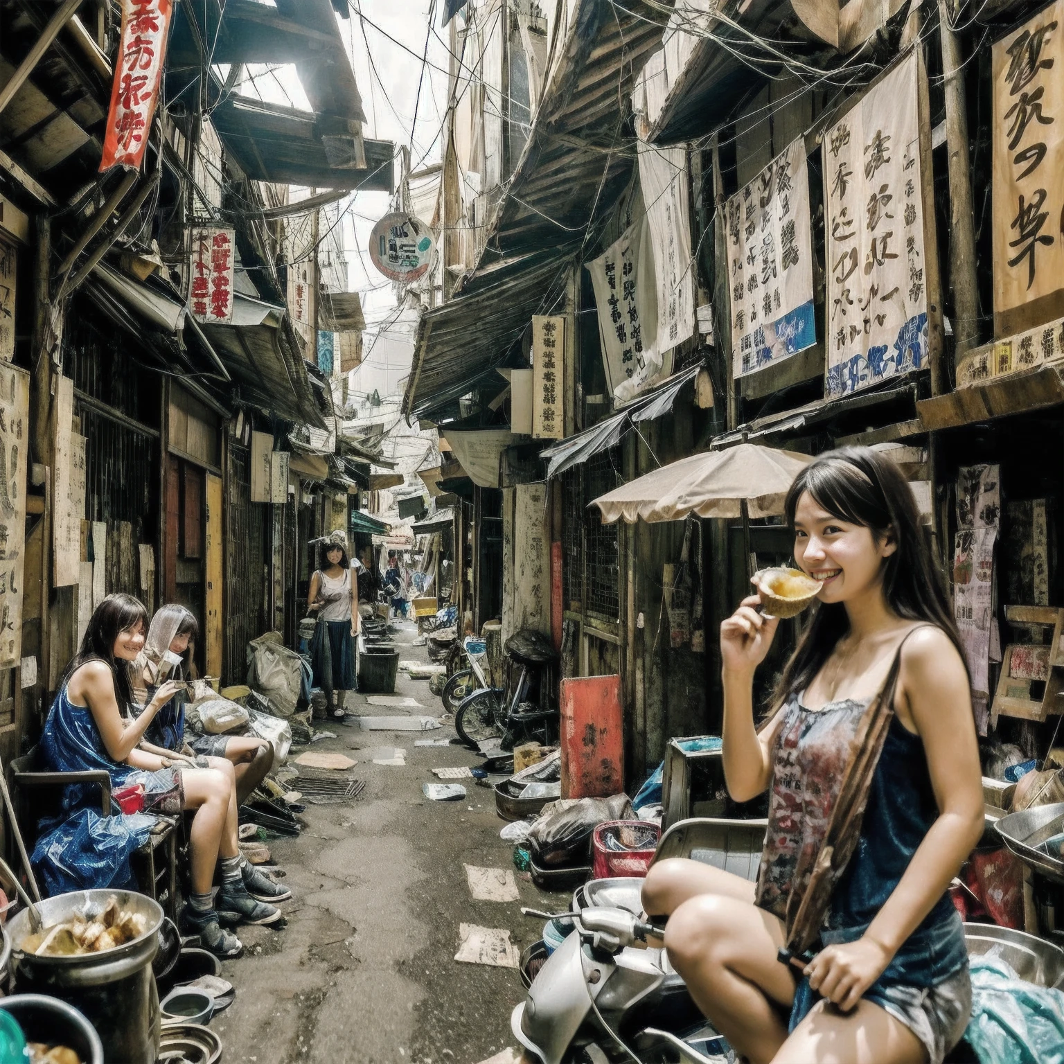 (masterpiece:1.2、Highest quality)、Places to visit in Japan、Unsanitary and despicable environment、Shady Underground Mall、Summer clothes、Summer festival、Tavern on the street、(Detailed and cute face:1.3)、(3More than 100 cute girls)、Rusted metal、Dirty walls、Full of garbage、((Eat well))、perfect anatomy、smile