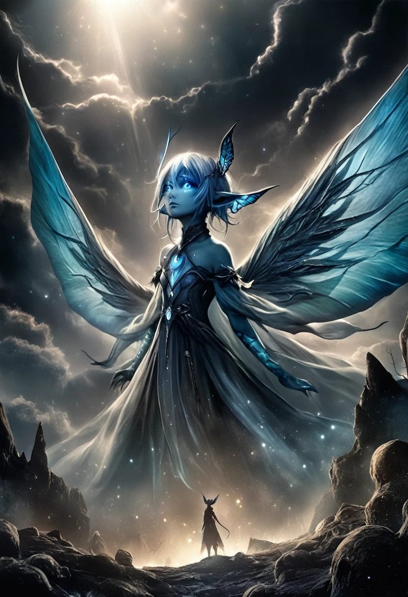 A beautiful ethereal cute dak fairy, gothic aethestics, smoke effects, dark long hairr, deep blue fairy wings, reptilian skin, cosmic eyes. The scene is rich with dark fantasy elements, Captured in a dramatic and cinematic style, in dinamic composition, the image blends video game art illustration with movie picture influences.