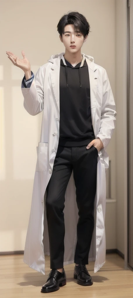 (Fair skin),((white lab coat)), (black hoodie underneath),Iris,(gender: Natural Face),(Japanese),(leather shoes),long body,handsome young asian man, Japanese idol style, short clean-cut hair, (center part), calm confident expression, hands in lab coat pockets, plain white background, portrait, high quality, detailed, 8K