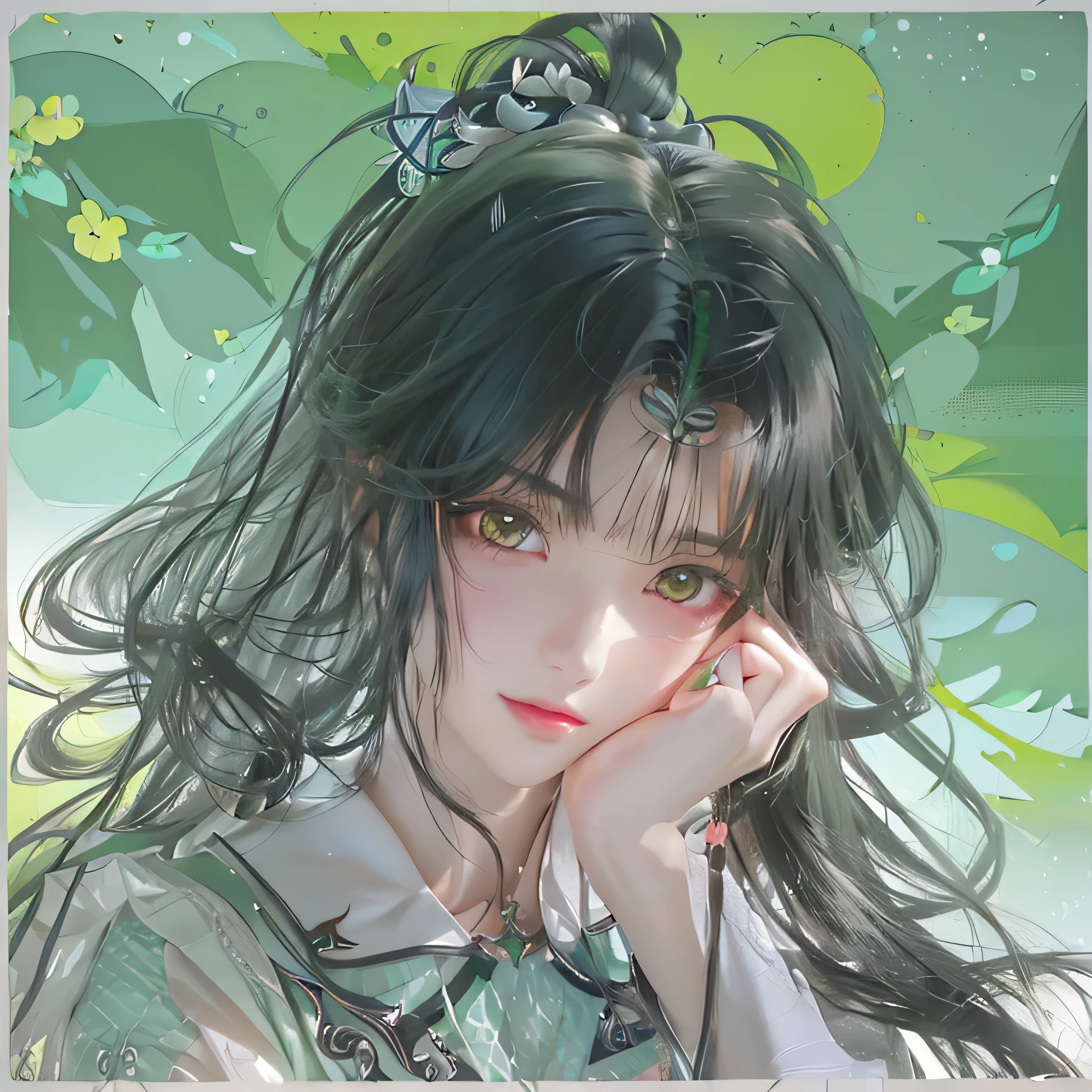 Anime girl with long black hair and green eyes on a green background, In the anime painter studio, Beauvot Art Style, Produced in collaboration with Anime Painter Studio, Anime style portrait, Digital Anime Illustration, beautiful Anime portrait, Portrait of the Knights of the Zodiac, Detailed portrait of anime girl, Popular trends on artstration, Anime portrait, Soft anime illustration, Semi-realistic anime style