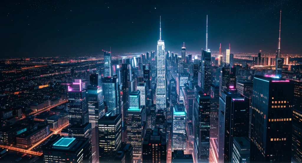 Create an illustration of a bustling city at night, with tall buildings illuminated by streetlights and neon signs. The night sky is clear, and stars sparkle brilliantly above the cityscape. Skyscrapers with reflective windows capture the glow of the city lights. Some buildings have rooftop gardens with faint, twinkling lights.Use a palette of deep blues and purples for the sky, and bright, warm colors for the city lights to create a vibrant, lively atmosphere.