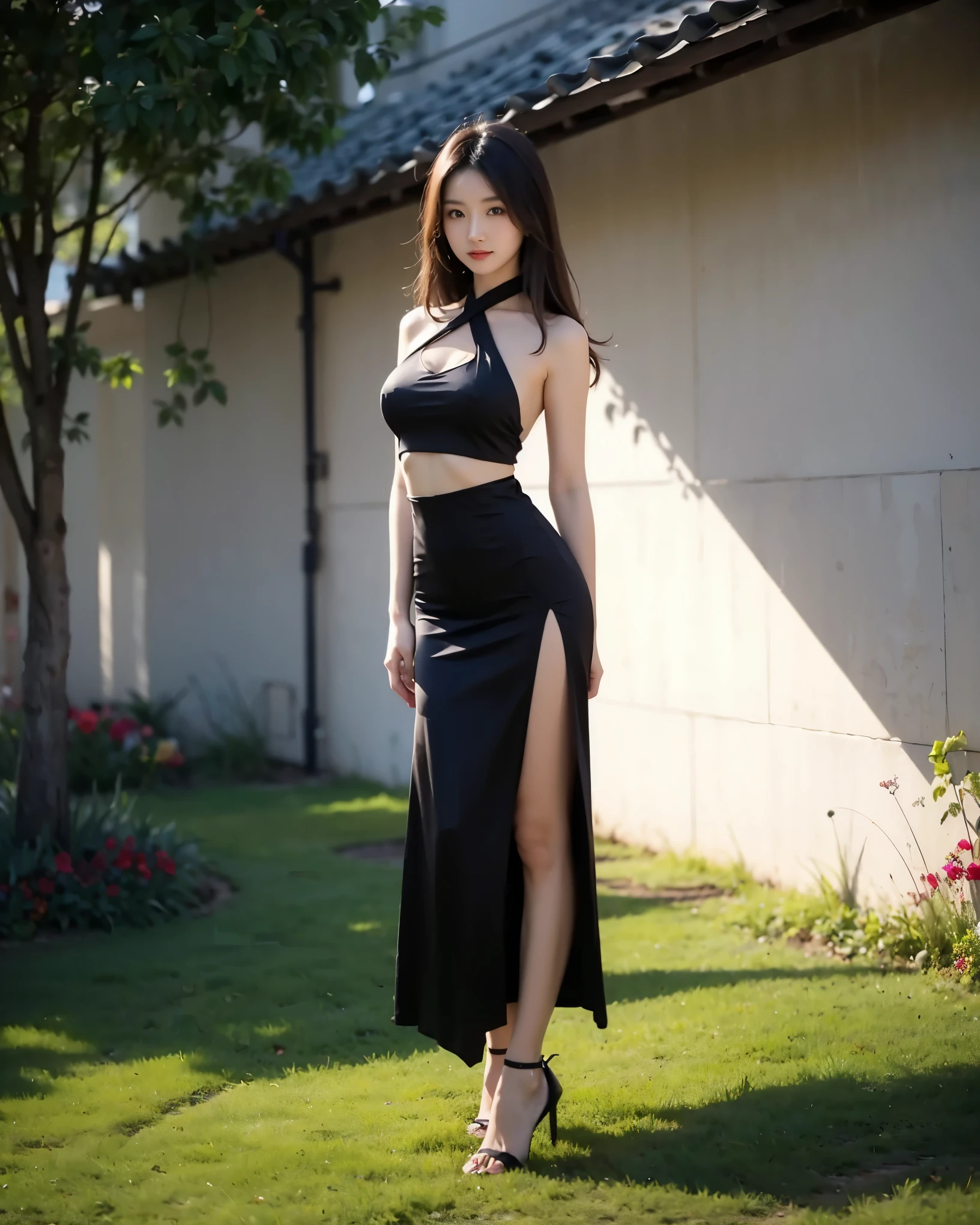 Beautiful Chinese waifu, early 30s, brunette hair, black dress