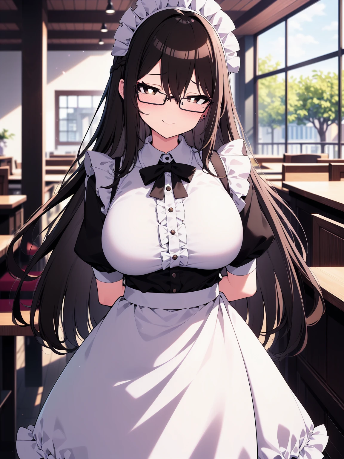 colorful, (best quality, ultra-high resolution, depth of field:1.2), 1woman, (black hair), braid, brown eyes, bright pupils, glasses, mole under eye, (large breasts), (brown maid uniform), frills, maid headdress, maid apron, (cafe scenery), squinting, gentle smile, tilting head, arms behind back