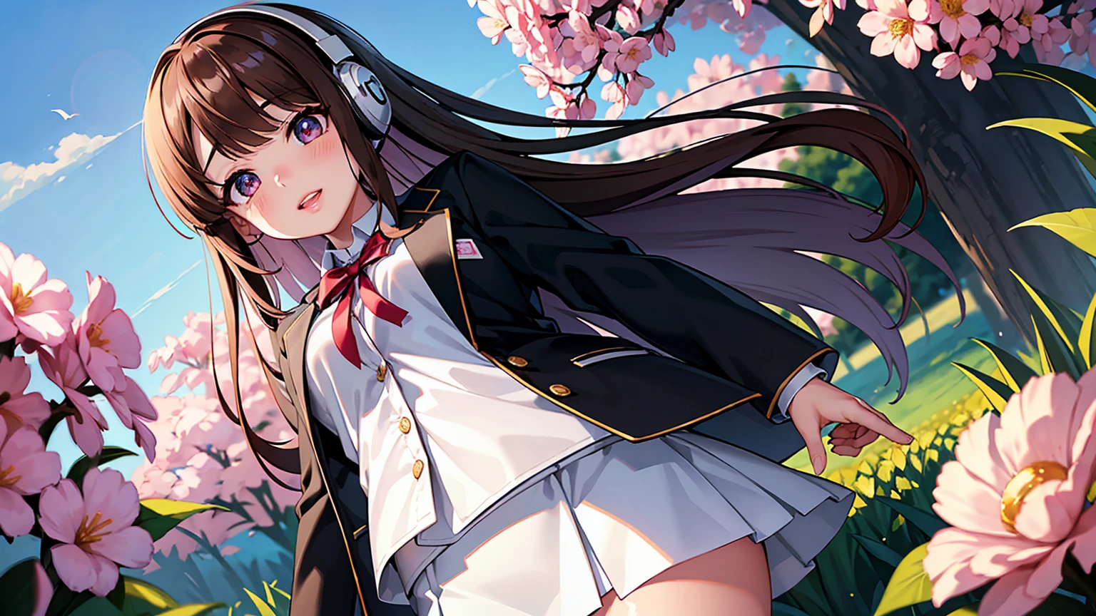 masterpiece、high resolution 8k、NSFW、sharp focus、contrast lighting、fine skin、muste piece、 highest quality、Ultra - High resolution、Super high resolution、Highly detailed CG、A young girl , wearing headphones, is standing among a field of pink flowers. The headphones have a black band and red accents. The girl's hair is swept back by the wind, and she is looking off to the side, away from the camera、beautiful eyes、(Detailed face and iace:1 2)、narrow eyes、almond eye、Black pupil、eye gradation eye highlight:1.2)、(light reddish brown hair、middle、asymmetrical bangs)、(ID card、Blazer for office wear shortage、white cutter shirt、black pencil skirt、pumps)、(plump lips、gross、glossy lips、small breast size) 、(oval face : 1.4)、(thin fingers、fine arms、detailed human hand)、laughter half open、teeth visible
