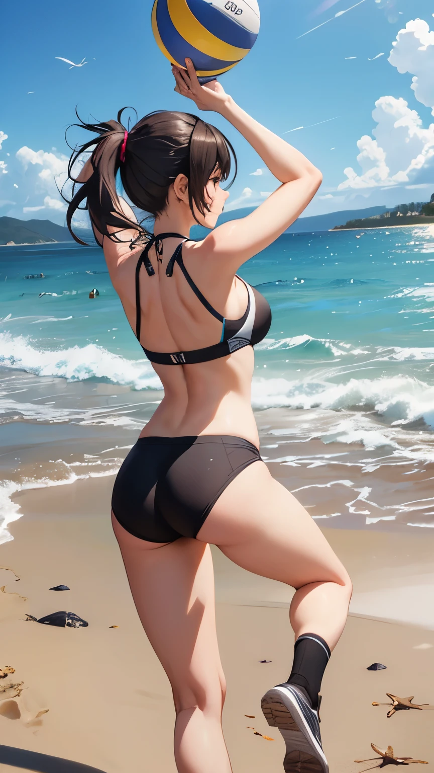 Highest quality, Highest quality, 16K, Unbelievably absurd, Very detailed, delicate and dynamic, Natural light, The particles reflect the rainbow colors, Diffuse reflection of light, Many rainbow-colored petals fall, 美しいSandy Beach, Sparkling sea surface, 海面にDiffuse reflection of light, Create amazing image effects, Beautiful Landscape, Beach Volleyballコート, up(, Cute sexy girl, Big swaying breasts, Sensual expression, Passionate, Dynamic, enthusiasm, Severe, Beach Volleyball, Flashy swimsuit, Sweat, Sandy Beach, Swimwear is see-through), Beach Volleyballをする, Intense exercise, Jumping for the ball, jump