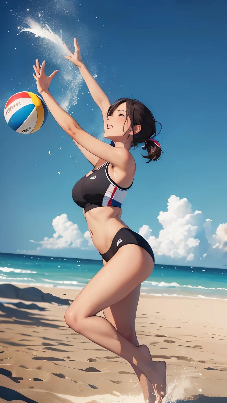 Highest quality, Highest quality, 16K, Unbelievably absurd, Very detailed, delicate and dynamic, Natural light, The particles reflect the rainbow colors, Diffuse reflection of light, Many rainbow-colored petals fall, 美しいSandy Beach, Sparkling sea surface, 海面にDiffuse reflection of light, Create amazing image effects, Beautiful Landscape, Beach Volleyballコート, up(, Cute sexy girl, Big swaying breasts, Sensual expression, Passionate, Dynamic, enthusiasm, Severe, Beach Volleyball, Flashy swimsuit, Sweat, Sandy Beach, Swimwear is see-through), Beach Volleyballをする, Intense exercise, Jumping for the ball, jump