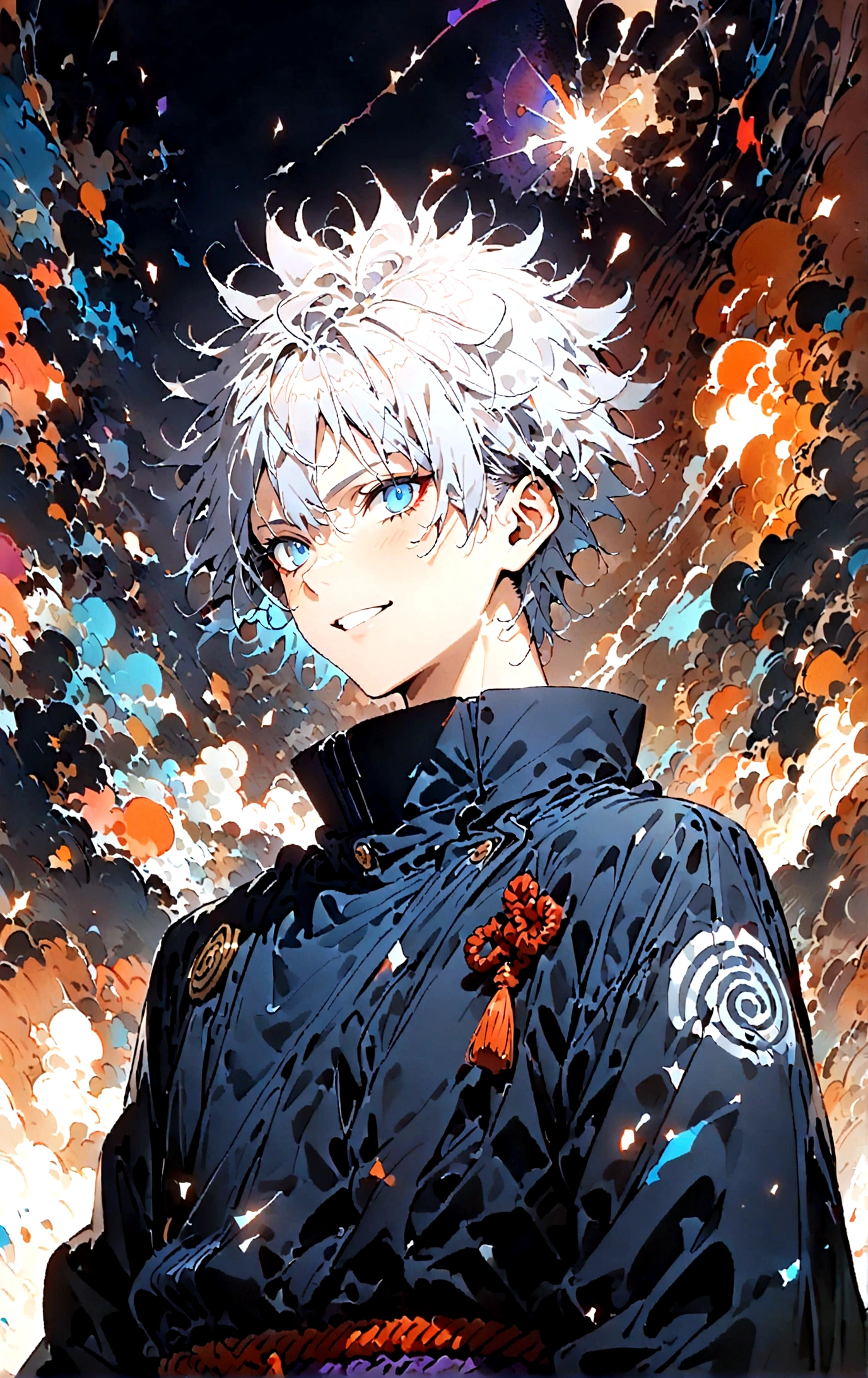 Intricate details,Wide range of colors,artwork,rendering,(masterpiece:1.3),(Highest quality:1.4),(Very detailedな:1.5),High resolution,Very detailed,8K,(1 male,Gojo Satoru,JUJUTSU KAİSEN,Gray Hair)Gojo Satoru,Young people,Be confident々smile,Beautiful Blue Eyes、(The background is blue and purple space)Achieve smooth design