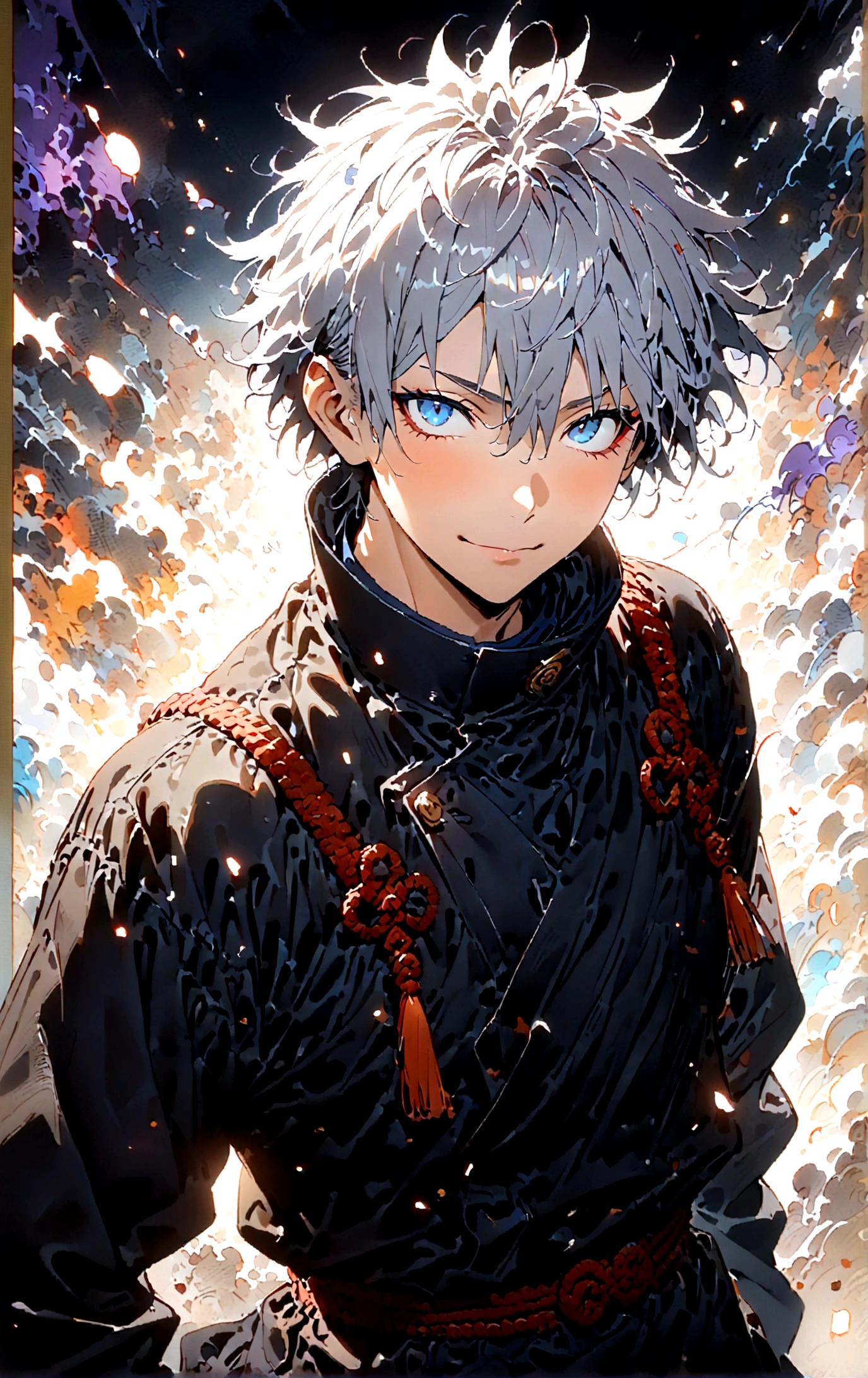 Intricate details,Wide range of colors,artwork,rendering,(masterpiece:1.3),(Highest quality:1.4),(Very detailedな:1.5),High resolution,Very detailed,8K,(1 male,Gojo Satoru,JUJUTSU KAİSEN,Gray Hair)Gojo Satoru,Young people,Be confident々smile,Beautiful Blue Eyes、(The background is blue and purple space)Achieve smooth design