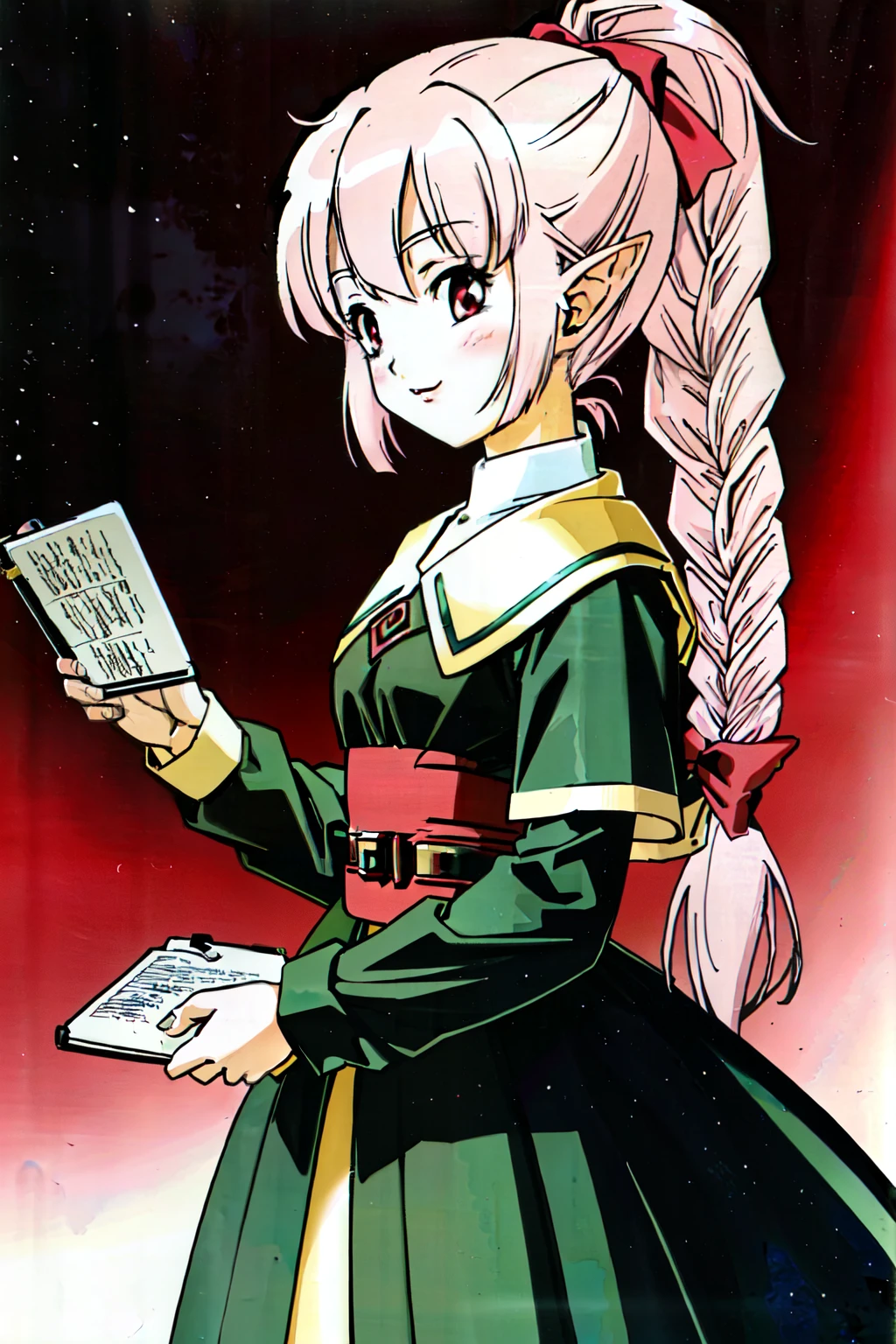 (extremely detailed CG unity 4k wallpaper),(masterpiece),(ultra quality),(ultra-detailed),(best illustration),(best shadow),(absurdres),(detailed background), 1girl, mature lady, holding notepad, solo, hair in a loose braid, white hair, red eyes, elf ears, long sleeves, holding staff, ponytail, holding, (pink skin:1.3), looking at viewer, purple lips, medium length hair
