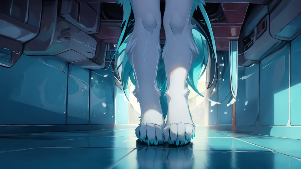 Miku Hatsune, add high definition_detail:1, blue fur, barefoot only seen in her paws, legs open, white discharge drips on the floor, just focus on your feet, white spot under it , 2 pairs of legs add_detail:1, white mucus runs down his calf add_detail:1