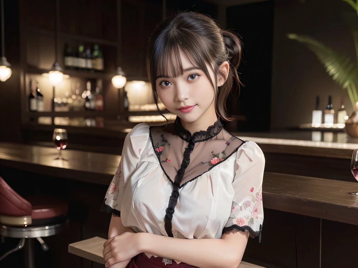 (Highest quality, masterpiece, Ultra-high resolution, 8K, RAW Photos, Realistic, Anatomically correct:1.5), 20-year-old girl:1.2, Embarrassing, avert your eyes, blush:1.0, View Viewer, ((bar)) 、Night view、 Light:1.2, Bokeh, Cinema Lighting:1.0, Depth of written boundary, sharp、 Cute face、Idol、Wine red short sleeve lace top、Black pleated skirt、wine colored clothes、”dwarf”、(Floral clothes)、(Full Body Shot)、Side angle、Cowboy Shot、 smile、(Ultra short hair、Short ponytail)、(Straight bangs)、((See-through))、(( One Girl))、Waist、I can see your thighs、