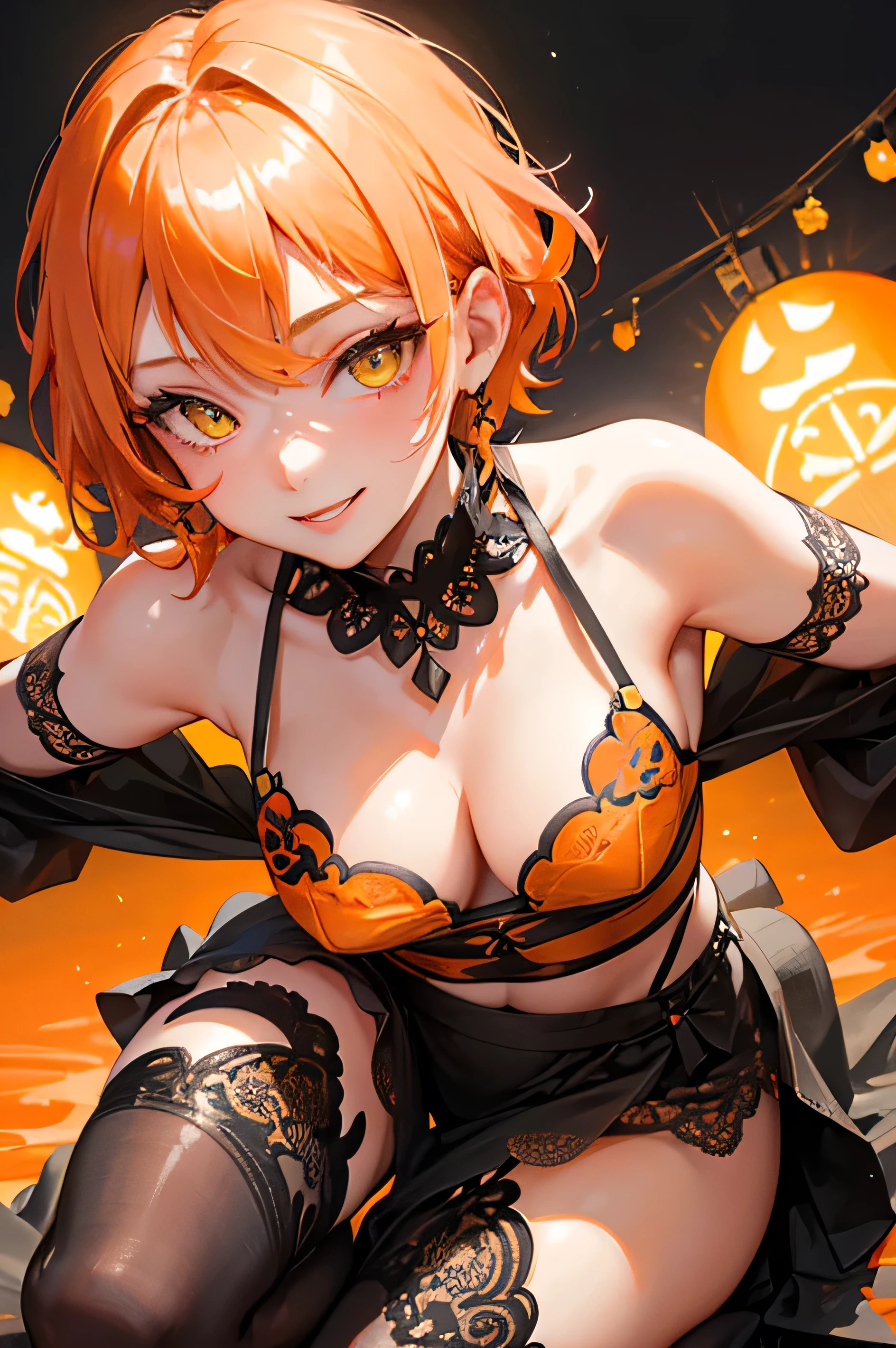 A Nice adult woman wearing a black lace outfit、1 person、((Orange short hair))、(Yellow Eyes)、Bold Pose、Face close-up、(Festival Background)、strong、Wicked Smile、Nice、Tamaki Shiina