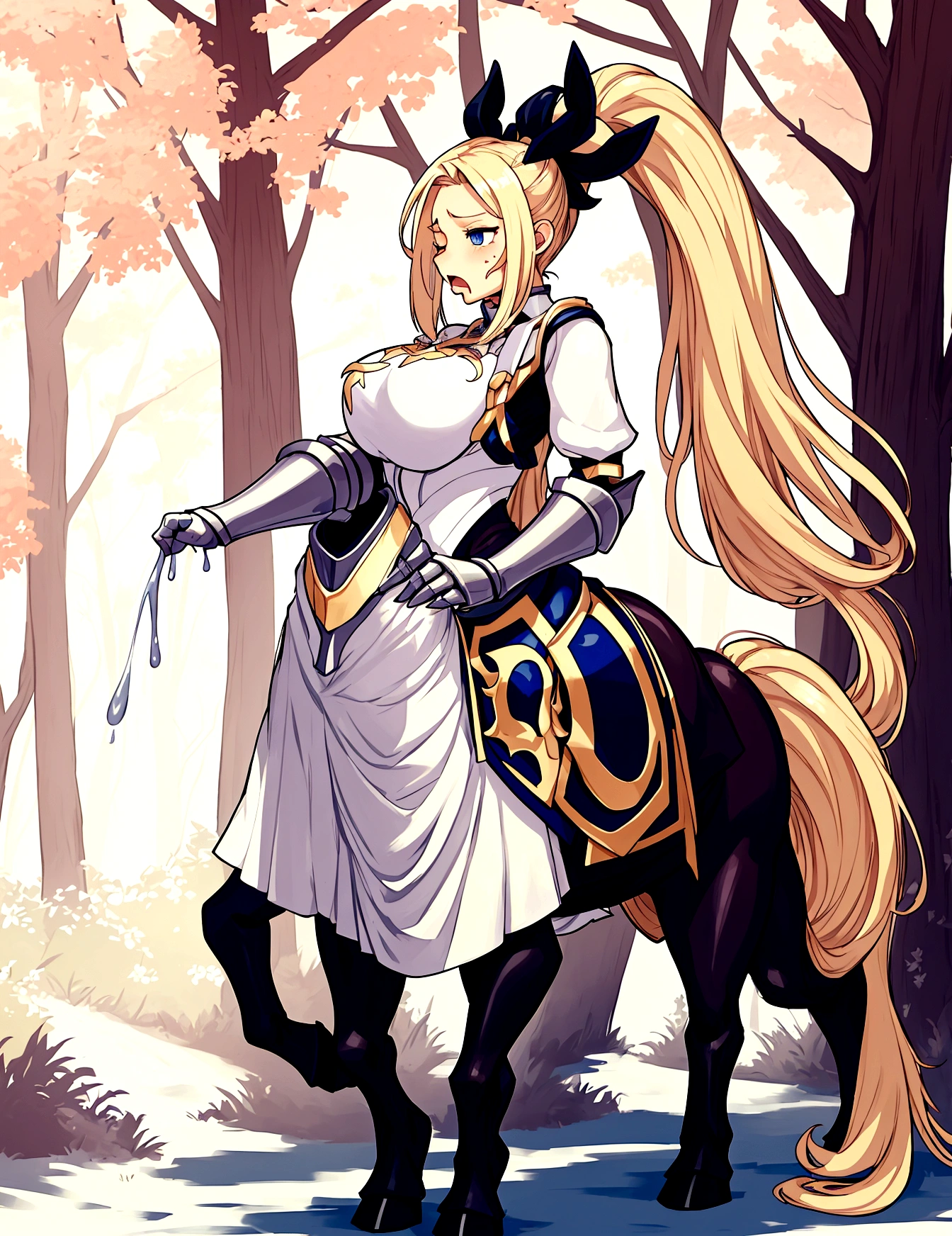 Anime Centaur.1 girl. Cute girl. Centaur girl, Half-human. Monster girl. Centaur. The girl is a horse. Blonde. Long hair. Hair ornament. Her hair is pulled back into a high ponytail. Blue eyes. Beautiful eyes. Perfect eyes. Expressive eyes. Ideal face. Face about to sneeze
Sneezing face. Beautiful nose. Snotty nose. A long snot hangs from the nose after a sneeze. 16 years. Big breasts. Beautiful breasts. Girl knight. Centaur knight. She is ill. She has a cold. She has allergies. She has a runny nose. Nasal mucus. She has snot. She wants to sneeze. She needs to sneeze. She has a strong, desperate urge to sneeze. She sneezes. She sneezes. Sprays of snot fly to the sides. Snot flows from her nose. She's on her period. Her crotch is bleeding. In the middle of the forest. Ideal anatomical body. The lower part of the body is equine. Horse slender legs. Hooves instead of feet. White linen blouse. Light plate armor - corset. Skirt. No panties. Standing. Full height. Beautiful character design. Shiny skin. Whole body. NFS. Official art. Extremely detailed CG Unity 8k wallpaper. Ideal lighting. Ultra high resolution 4K. Super detailed 8K. A high resolution.