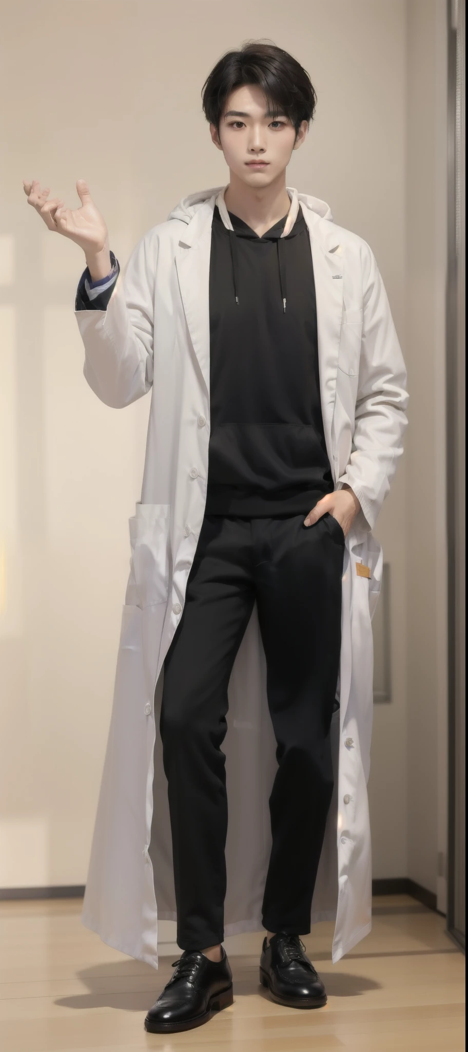 (Fair skin),((white lab coat)), (black hoodie underneath),Iris,(gender: Natural Face),(Japanese),(leather shoes),long body,handsome young asian man, Japanese idol style, short clean-cut hair, (center part), calm confident expression, hands in lab coat pockets, plain white background, portrait, high quality, detailed, 8K