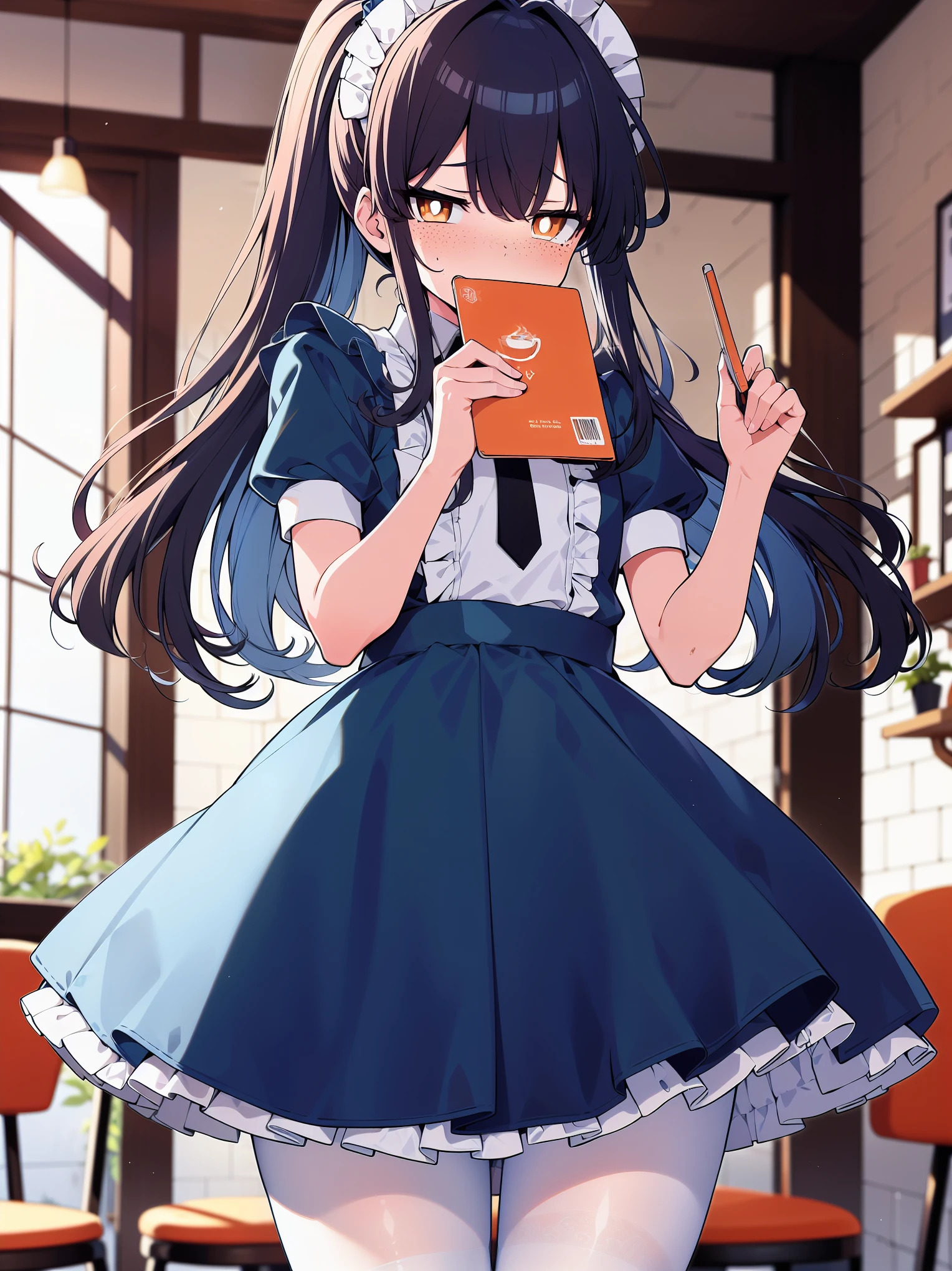 (cowboy shot), (best quality, ultra-high resolution, depth of field:1.2), 1male, freckles, (feminine), flat chest, (dark blue hair:1.2), ponytail, (orange eyes), bright pupils, (dark blue maid uniform), frills, maid headdress, maid apron, white pantyhose, (cafe scenery), nervous, embarrassed, (blushing), holding a notepad