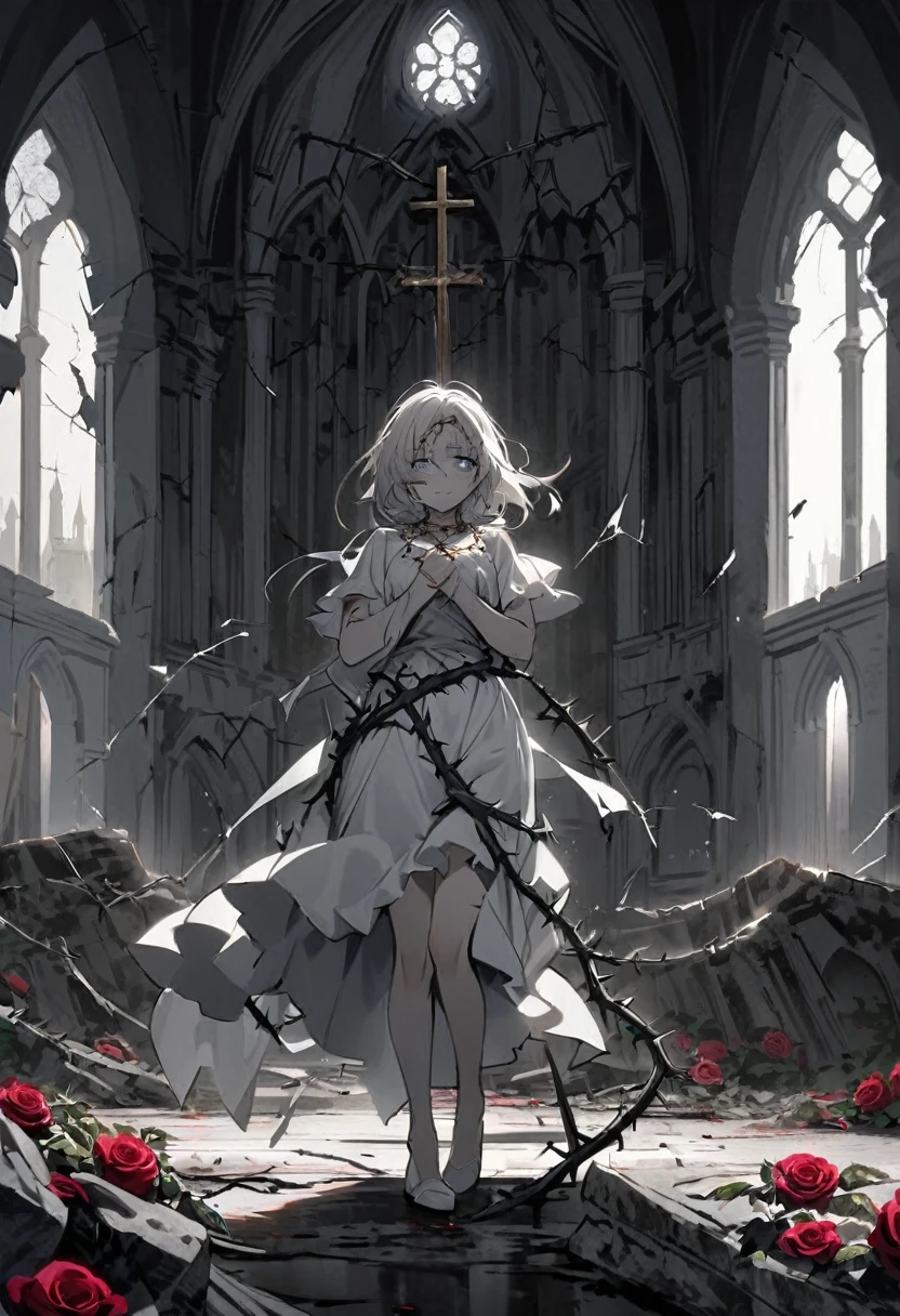 A pale-skinned white-haired girl with gray tones wearing a crown of thorns, from which small drops of blood fall, running across her forehead. Her eyes are completely dark, with an empty expression and a weak smile on her face. She wears a short white dress that reaches her knees. Several silver roses adorn her body, while sharp-thorned roots resemble necklaces, wrapping around her hands and waist. The setting is a ruined church, with cracked walls and broken windows, where light timidly enters. Next to her is an altar holding a cross adorned with several roses. The atmosphere has a melancholic and mysterious air, highlighting the loneliness and the contrast between the girl's beauty and pain.