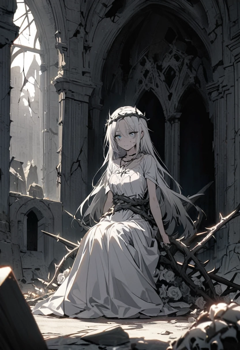A pale-skinned white-haired girl with gray tones wearing a crown of thorns, from which small drops of blood fall, running across her forehead. Her eyes are completely dark, with an empty expression and a weak smile on her face. She wears a short white dress that reaches her knees. Several silver roses adorn her body, while sharp-thorned roots resemble necklaces, wrapping around her hands and waist. The setting is a ruined church, with cracked walls and broken windows, where light timidly enters. Next to her is an altar holding a cross adorned with several roses. The atmosphere has a melancholic and mysterious air, highlighting the loneliness and the contrast between the girl's beauty and pain.