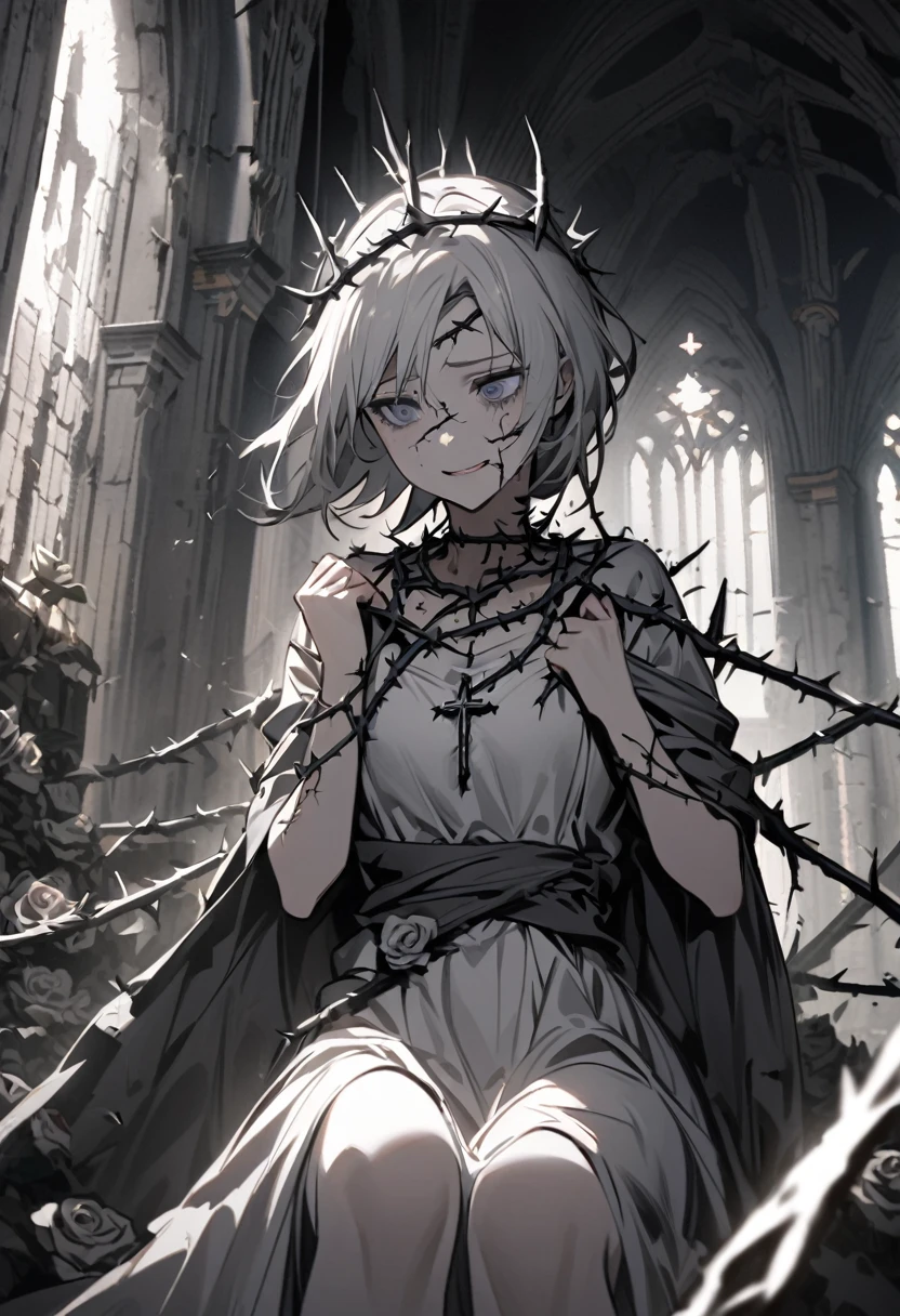 A pale-skinned white-haired girl with gray tones wearing a crown of thorns, from which small drops of blood fall, running across her forehead. Her eyes are completely dark, with an empty expression and a weak smile on her face. She wears a short white dress that reaches her knees. Several silver roses adorn her body, while sharp-thorned roots resemble necklaces, wrapping around her hands and waist. The setting is a ruined church, with cracked walls and broken windows, where light timidly enters. Next to her is an altar holding a cross adorned with several roses. The atmosphere has a melancholic and mysterious air, highlighting the loneliness and the contrast between the girl's beauty and pain.