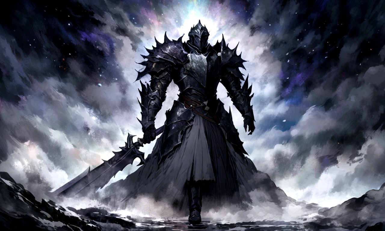 Create an impressionist painting of a spooky warrior knight, snow, Space Ash, Artistic, complicated,fog