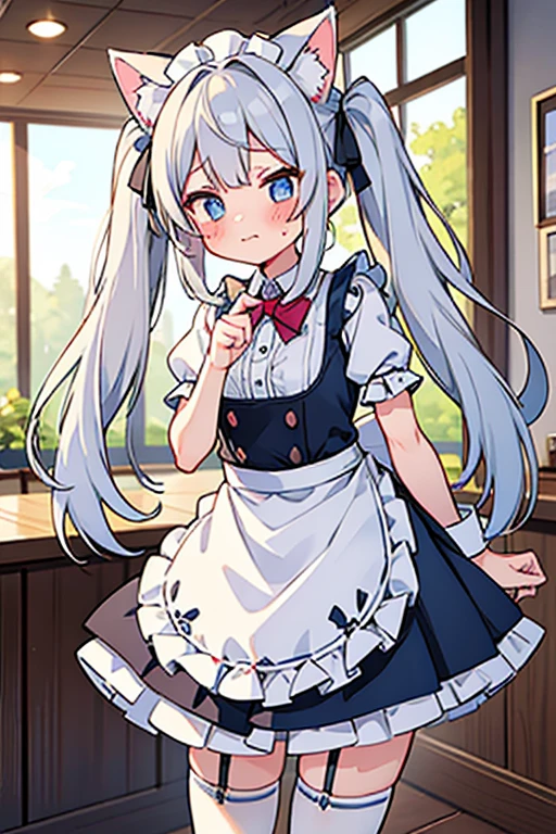 One girl,Cafe Waitress,Silver Hair,Twin tails,Rabbit style,apron,garter belt,Cat ear,eye_blue,blush,Embarrassed face,whole body