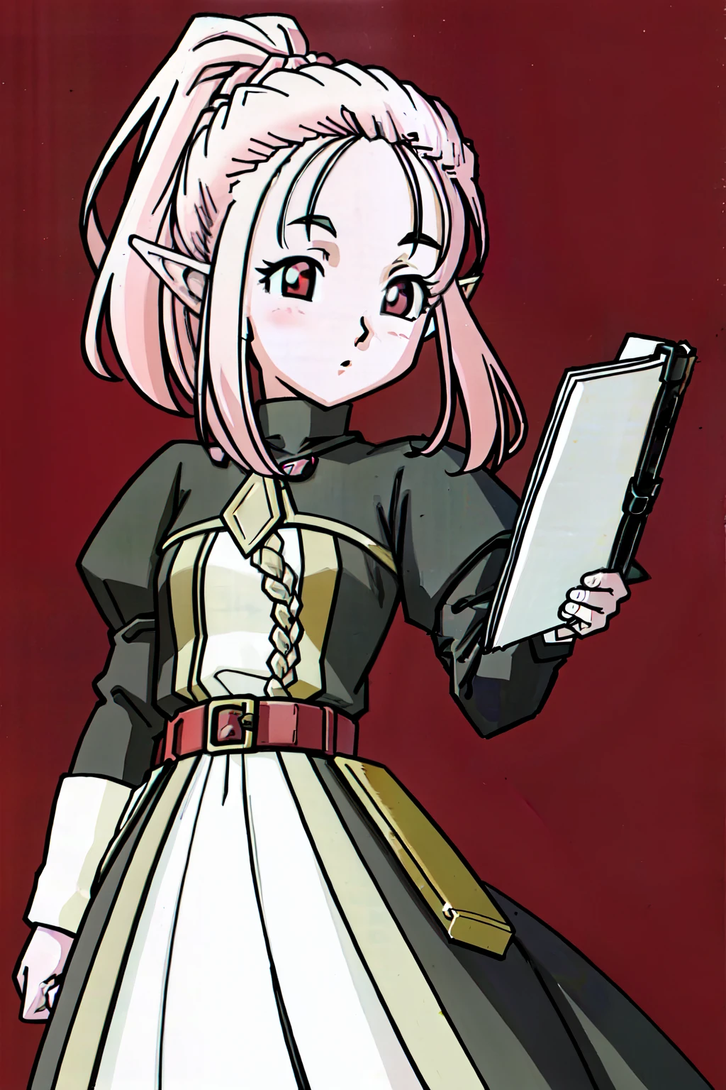 (extremely detailed CG unity 4k wallpaper),(masterpiece),(ultra quality),(ultra-detailed),(best illustration),(best shadow),(absurdres),(detailed background), 1girl, mature lady, adult, holding notepad, solo, hair in a loose braid, white hair, red eyes, elf ears, long sleeves, ponytail, holding, (pink skin:1.3), looking at viewer, purple lips, medium length hair