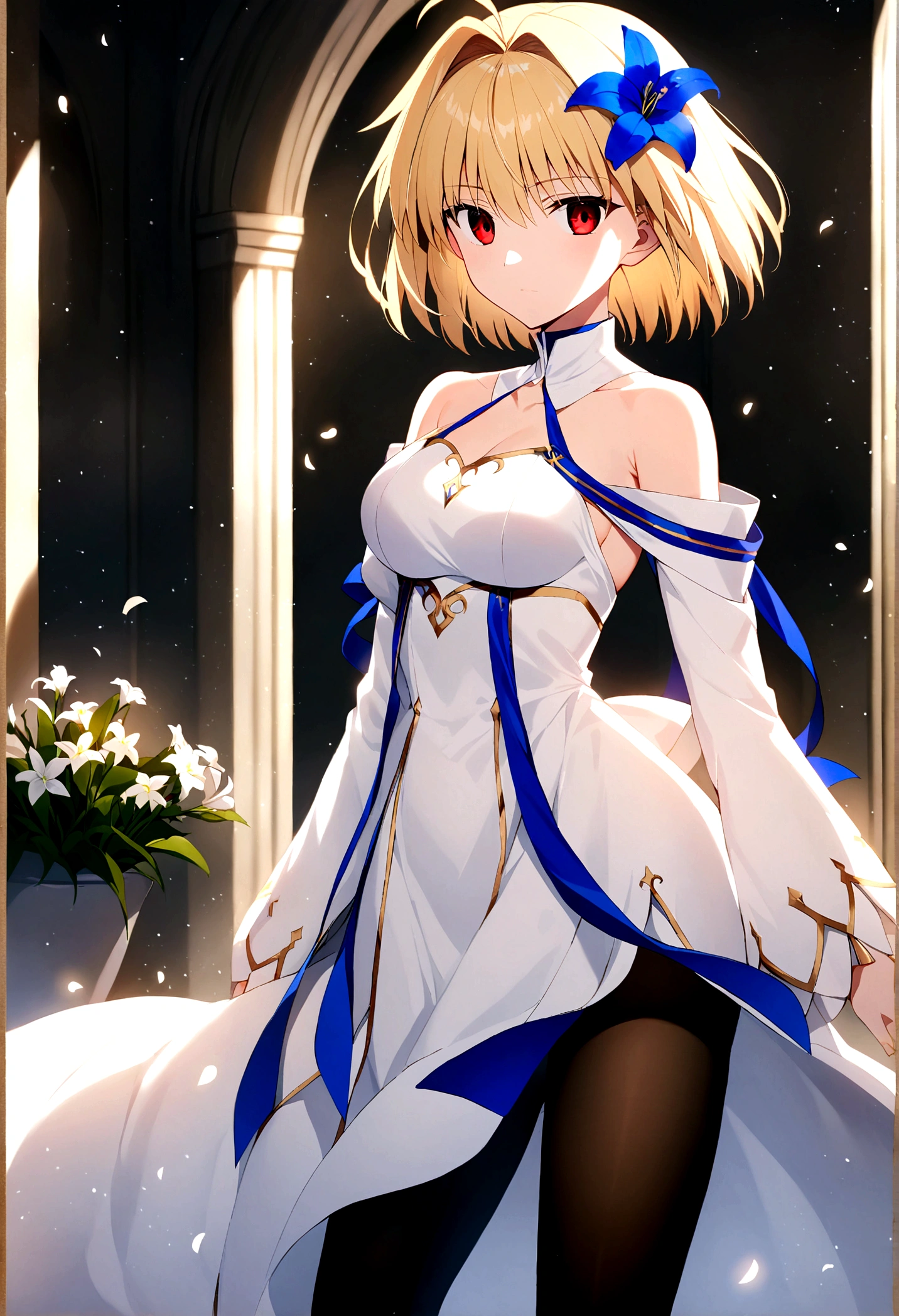 the woman is dressed in a white gown with flowers on the side of her head, 1girl, arcueid brunestud, solo, hair ornament, blonde hair, flower, red eyes, short hair, hair flower, pantyhose, dress, white dress, black pantyhose, looking at viewer, bare shoulders, breasts, arcueid