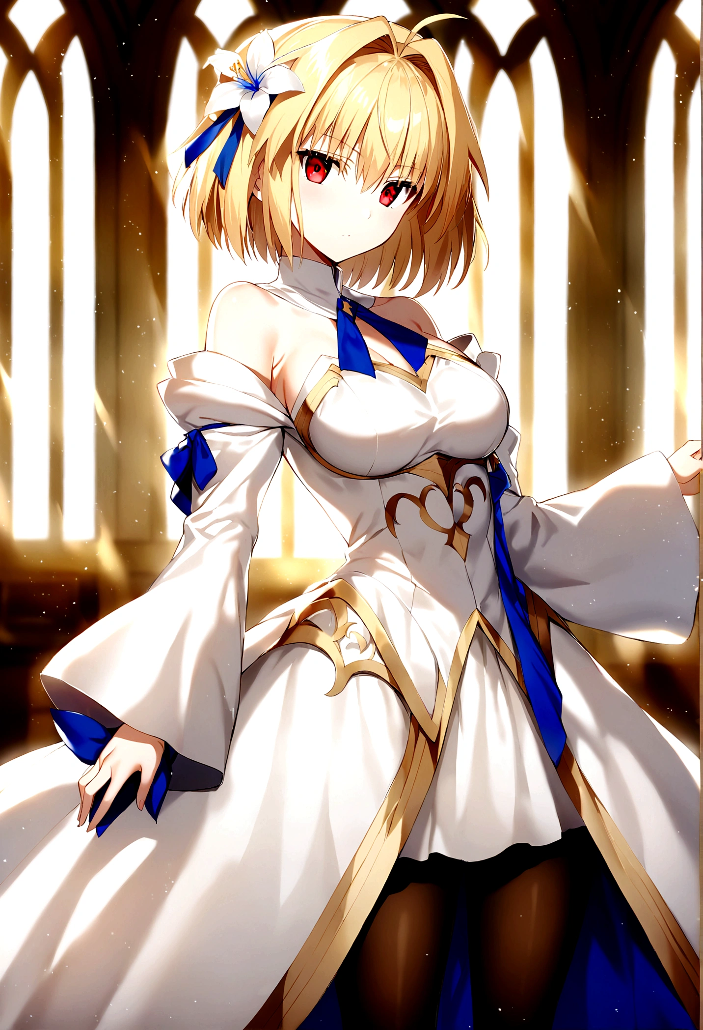 the woman is dressed in a white gown with flowers on the side of her head, 1girl, arcueid brunestud, solo, hair ornament, blonde hair, flower, red eyes, short hair, hair flower, pantyhose, dress, white dress, black pantyhose, looking at viewer, bare shoulders, breasts, arcueid