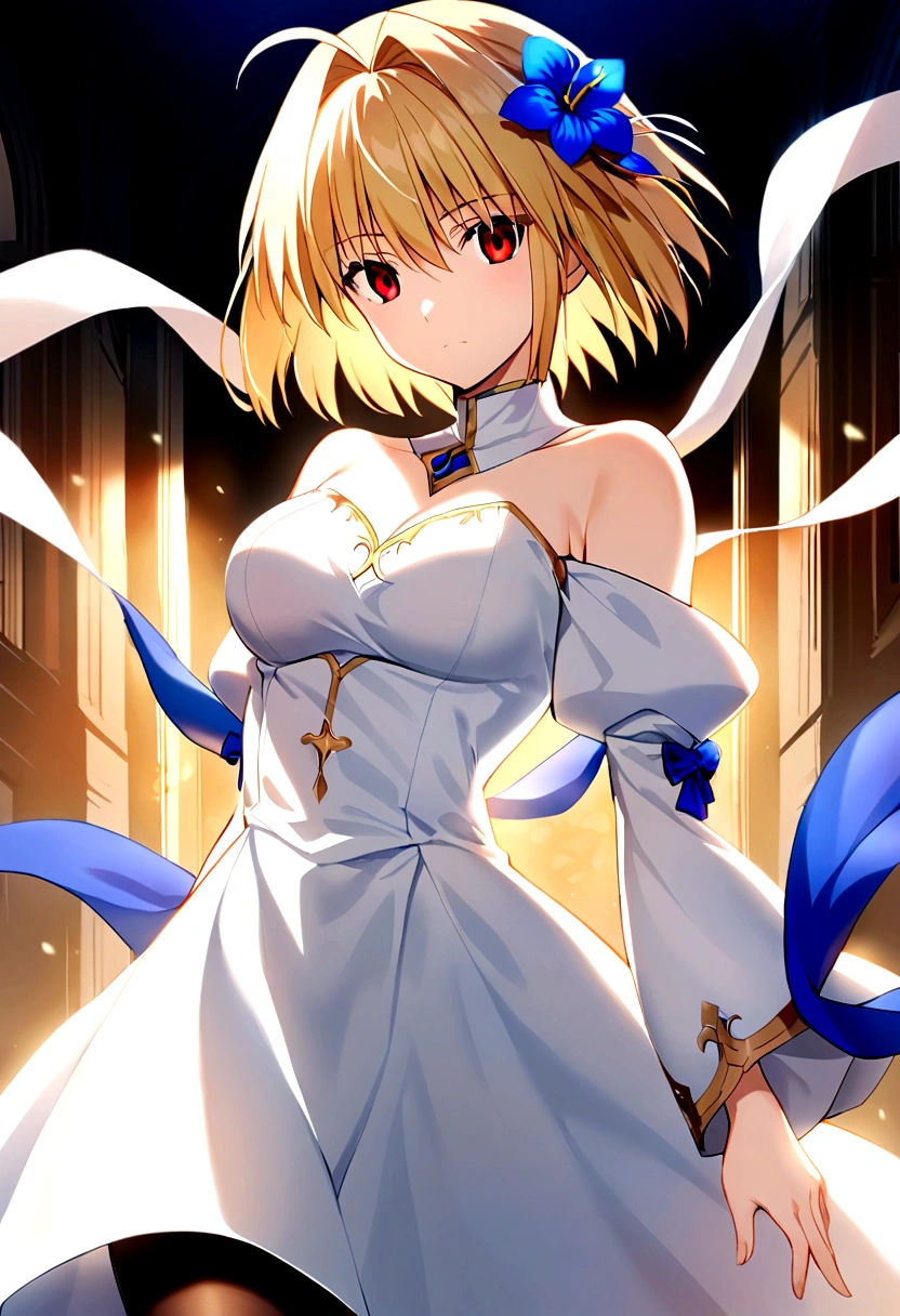 the woman is dressed in a white gown with flowers on the side of her head, 1girl, arcueid brunestud, solo, hair ornament, blonde hair, flower, red eyes, short hair, hair flower, pantyhose, dress, white dress, black pantyhose, looking at viewer, bare shoulders, breasts, arcueid