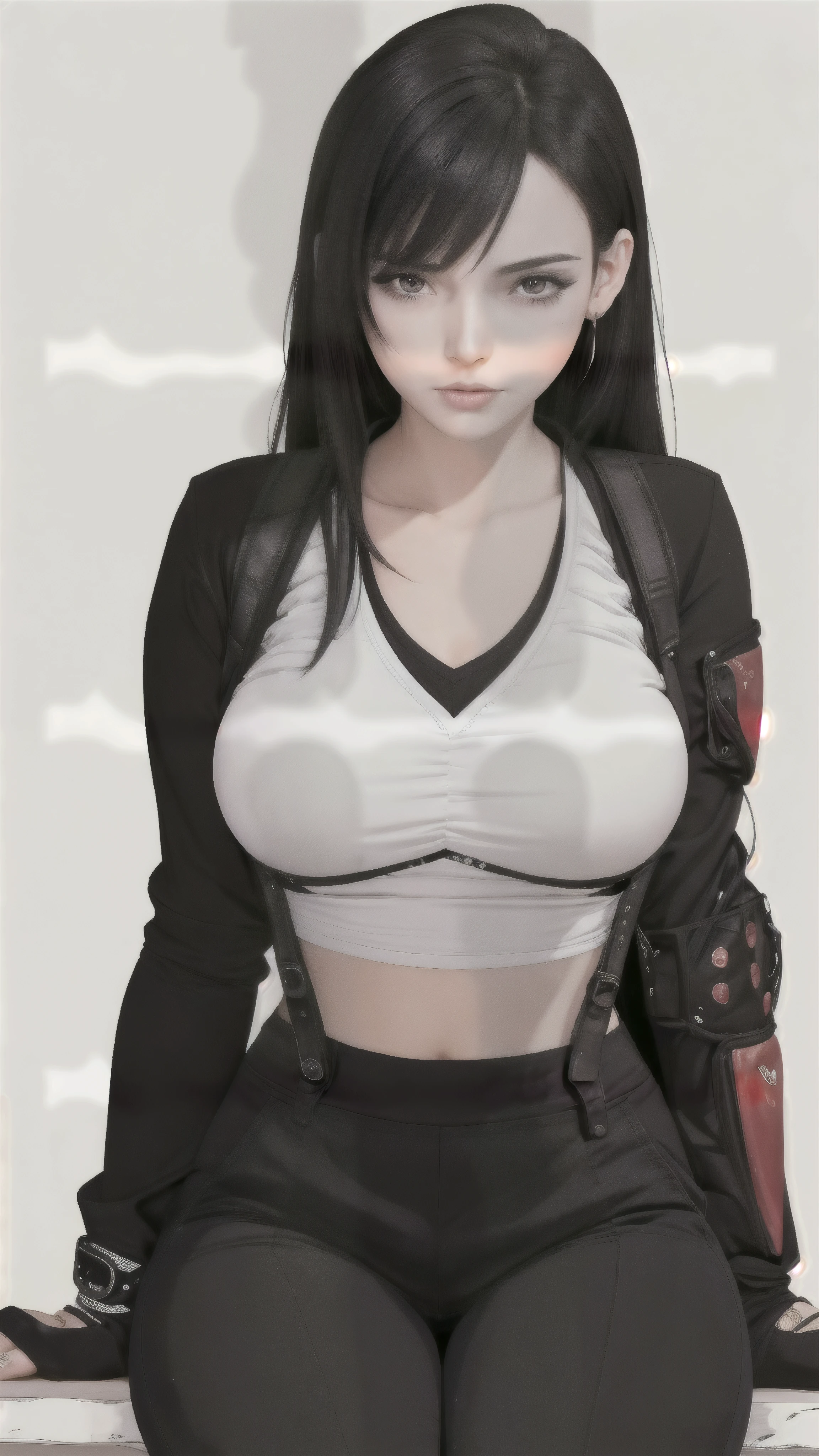 ((masterpiece, best_quality)), 1girl, (photorealistic:1.4), natural make up, nose blush, sad expression, uncomfortable, black_long_hair, waist, navel, under boob, zettai_ryouiki, over size long sleeve XL T-shirt, skull printed, mini pleated skirt, ((full_body)), delicate nice body
