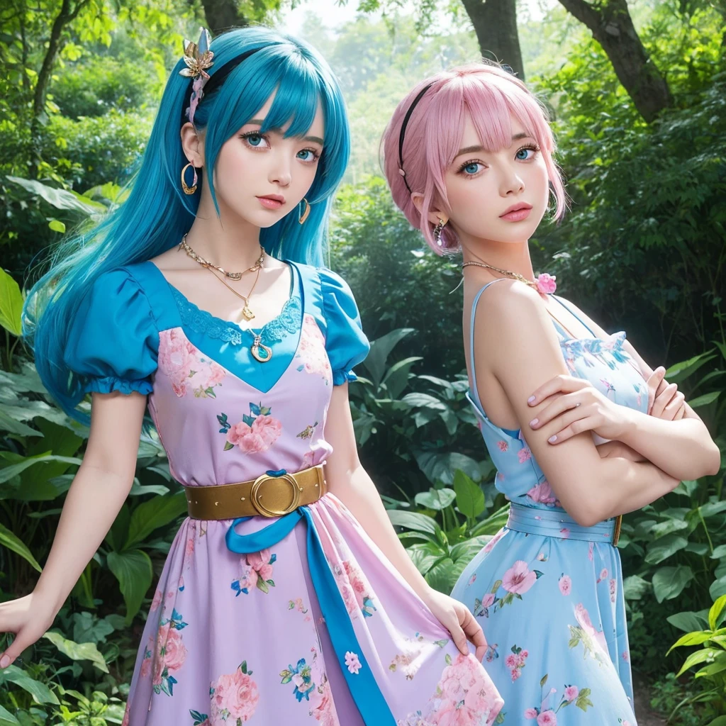 an animated character with dynamic and stylized features. The character has blue hair styled in a bob with pink bangs and pink hair clips. They have large, expressive blue eyes and wear a pink dress with floral patterns. The dress has a neckline and a gold belt with a large blue gemstone. The figure is also adorned with large teardrop earrings and a necklace with a prominent blue gemstone. The background is a lush, green forest with trees and foliage, suggesting a natural outdoor setting. The overall style of the image is colorful and whimsical, typical of animated characters designed for younger audiences.