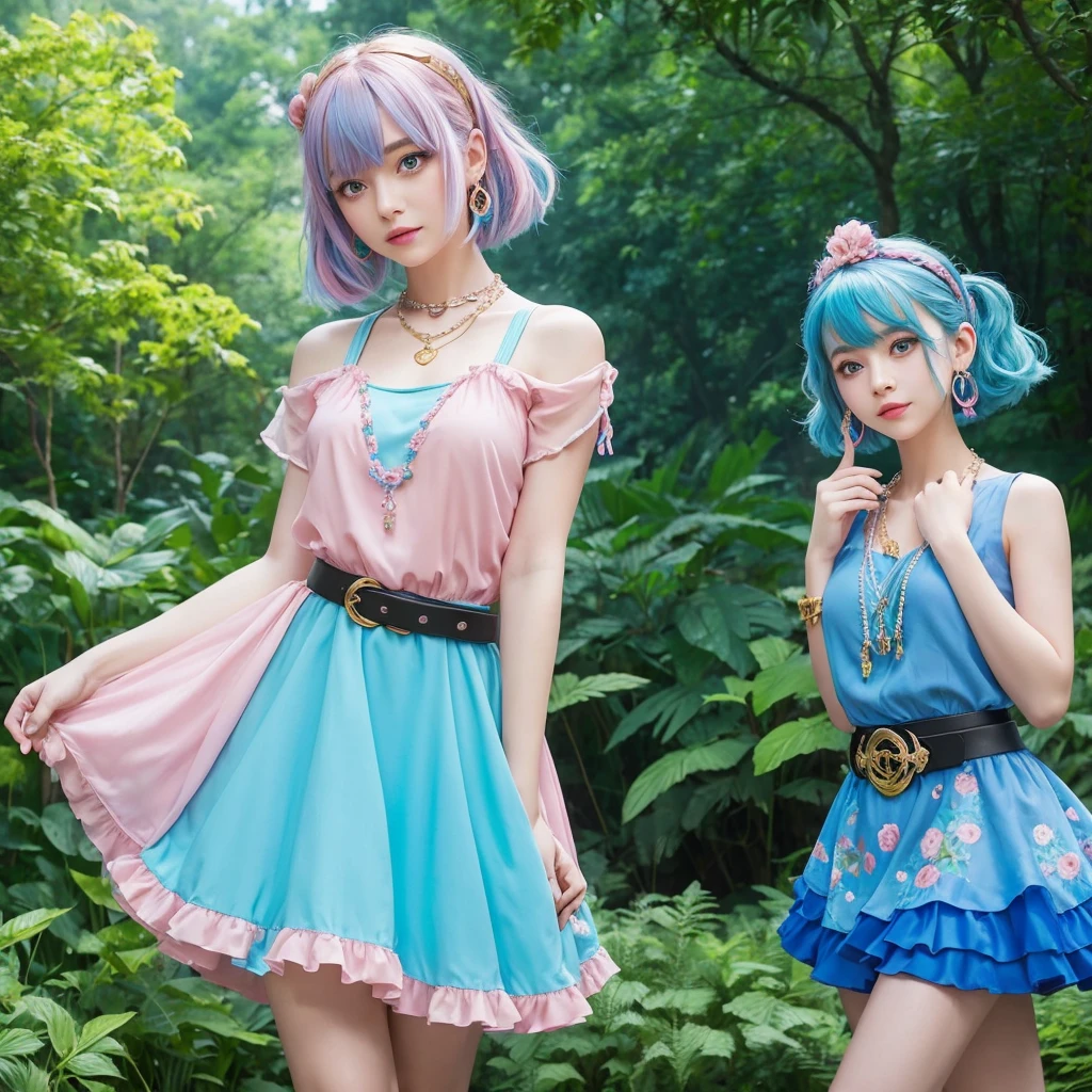 an animated character with dynamic and stylized features.  The character has blue hair styled in a bob with pink bangs and pink hair clips.  They have large, expressive blue eyes and wear a pink dress with floral patterns.  The dress has a neckline and a gold belt with a large blue gemstone.  The figure is also adorned with large teardrop earrings and a necklace with a prominent blue gemstone.  The background is a lush, green forest with trees and foliage, suggesting a natural outdoor setting.  The overall style of the image is colorful and whimsical, typical of animated characters designed for younger audiences.