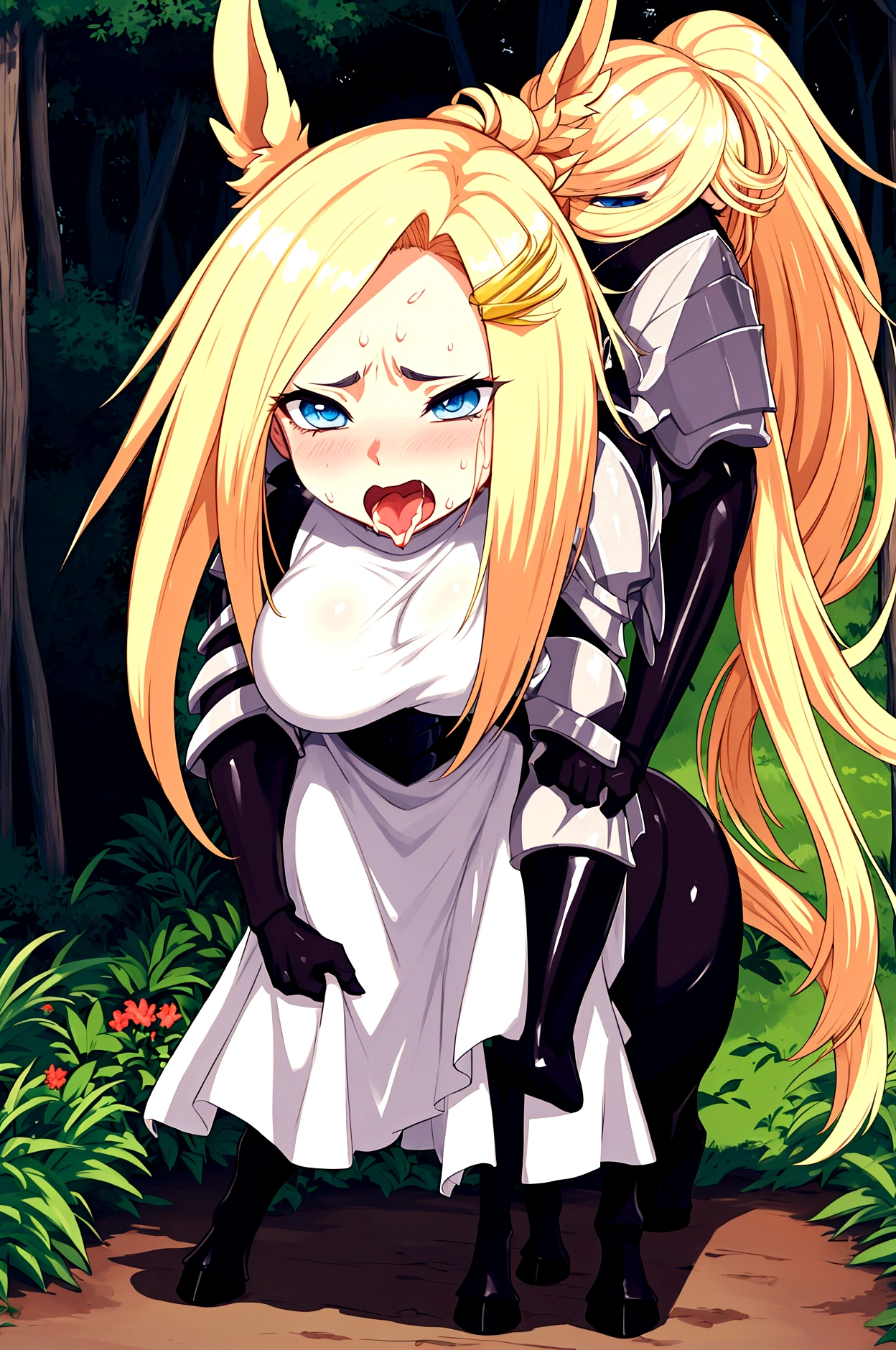 Anime Centaur.1 girl. Cute girl. Centaur girl, Half-human. Monster girl. Centaur. The girl is a horse. Blonde. Long hair. Hair ornament. Her hair is pulled back into a high ponytail. Blue eyes. Beautiful eyes. Perfect eyes. Expressive eyes. Ideal face. Face about to sneeze
Sneezing face. Beautiful nose. Snotty nose. A long snot hangs from the nose after a sneeze. 16 years. Big breasts. Beautiful breasts. Girl knight. Centaur knight. She is ill. She has a cold. She has allergies. She has a runny nose. Nasal mucus. She has snot. She wants to sneeze. She needs to sneeze. She has a strong, desperate urge to sneeze. She sneezes. She sneezes. Sprays of snot fly to the sides. Snot flows from her nose. She's on her period. Her crotch is bleeding. In the middle of the forest. Ideal anatomical body. The lower part of the body is equine. Horse slender legs. Hooves instead of feet. White linen blouse. Light plate armor - corset. Skirt. No panties. Standing. Full height. Beautiful character design. Shiny skin. Whole body. NFS. Official art. Extremely detailed CG Unity 8k wallpaper. Ideal lighting. Ultra high resolution 4K. Super detailed 8K. A high resolution.