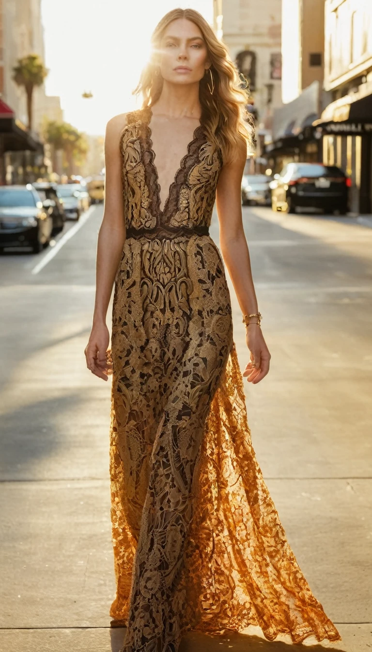 golden hour, , back lighting, Saint Laurent vibrant maxi dress with intricate detailed lace, fashion shoot, looking at the camera, dynamic pose, in the style of Vogue, natural lighting, Hollywood Walk of Fame, low angle shot
