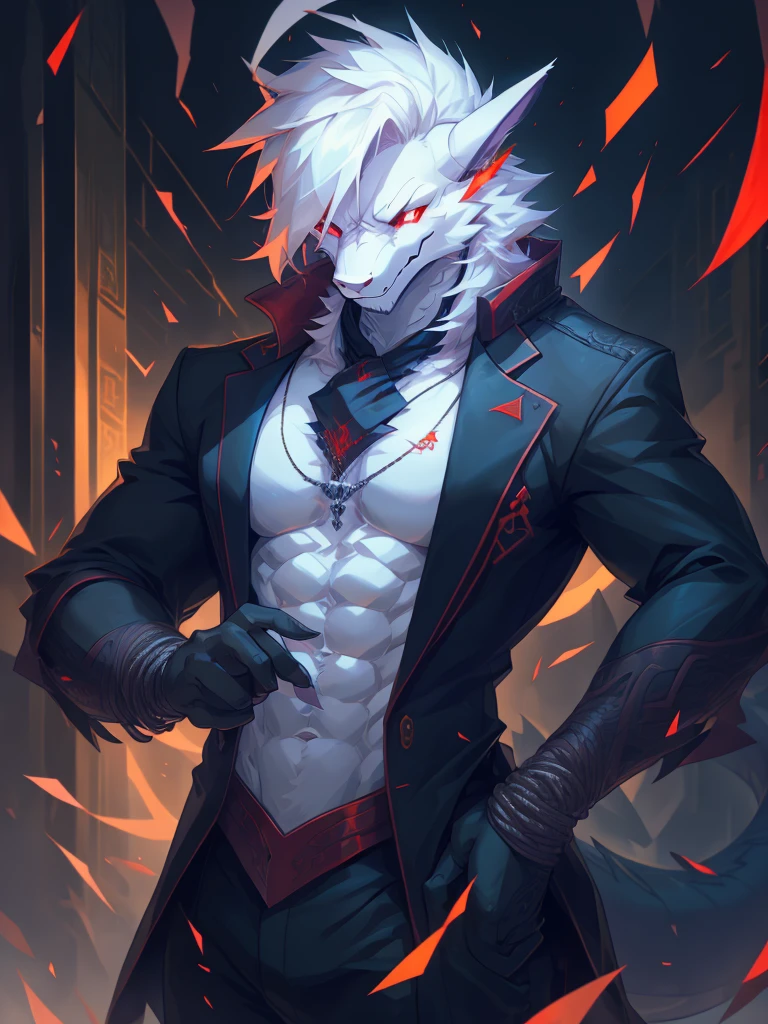 male, furry, Dragon anthro, solo, white fur, Red eyes, (Realistic eye details 1.2), business suit wear, V0id3nergy, abs, Masterpiece, dramatic lighting, soft lighting, day, highly detail, Hair coiled