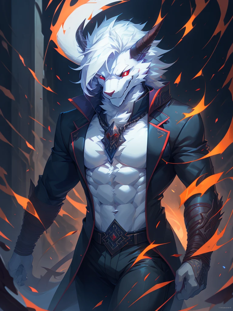 male, furry, Dragon anthro, solo, white fur, Red eyes, (Realistic eye details 1.2), business suit wear, V0id3nergy, abs, Masterpiece, dramatic lighting, soft lighting, day, highly detail, Hair coiled