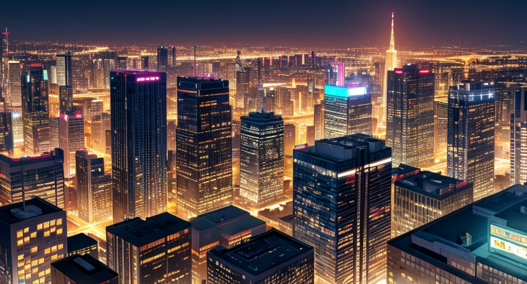 Create an illustration of a bustling city at night, with tall buildings illuminated by streetlights and neon signs. The night sky is clear, and stars sparkle brilliantly above the cityscape. Skyscrapers with reflective windows capture the glow of the city lights. Some buildings have rooftop gardens with faint, twinkling lights.Use a palette of deep blues and purples for the sky, and bright, warm colors for the city lights to create a vibrant, lively atmosphere.