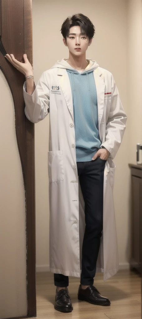 (Fair skin),((white lab coat)), (black hoodie underneath),Iris,(gender: Natural Face),(Japanese),(leather shoes),long body,handsome young asian man, Japanese idol style, short clean-cut hair, (center part), calm confident expression, hands in lab coat pockets, plain white background, portrait, high quality, detailed, 8K