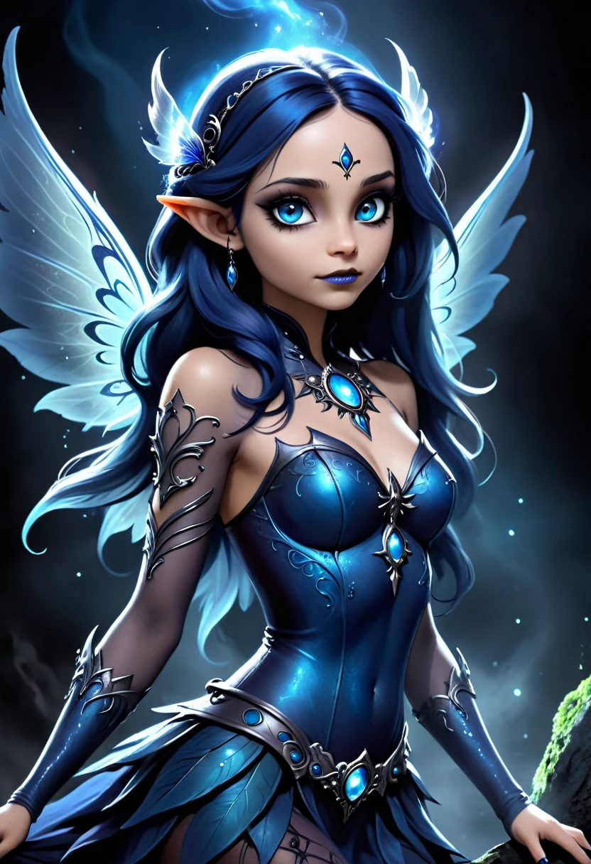 A beautiful ethereal cute dak fairy, gothic aethestics, smoke effects, dark long hairr, deep blue fairy wings, reptilian skin, cosmic eyes. The scene is rich with dark fantasy elements, Captured in a dramatic and cinematic style, in dinamic composition, the image blends video game art illustration with movie picture influences.