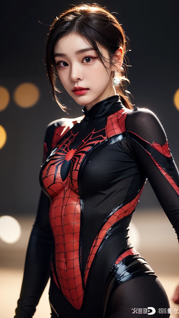 tmasterpiece,1 Chinese girl，realisticlying，8K  UHD，high high quality，in the background bokeh，Delicate headdress, spider-man suit，Spidey，Clothes wrap around the whole body，Tight clothing，Abs contour，Short black hair，s the perfect face，shining face，Ultra-clear face，Elaborate Eyes，idoly